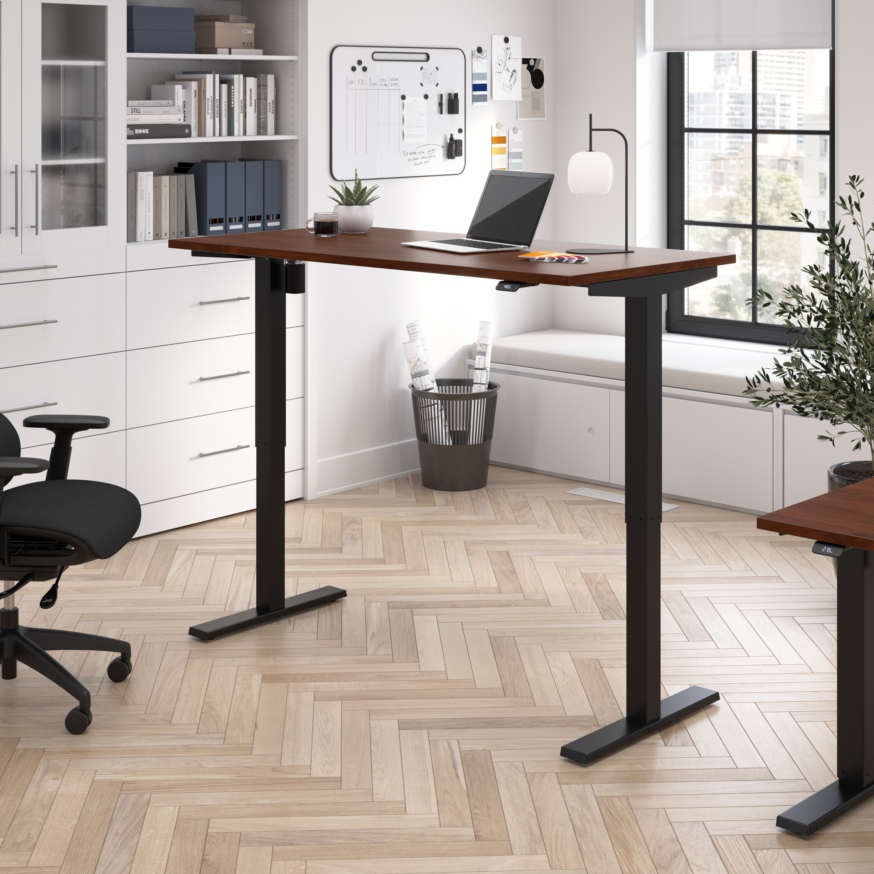 Bush Business Furniture Move 40 Series 60W x 30D Electric Height Adjustable Standing Desk in Hansen Cherry with Black Base - 59.45" Width x 29.37" Depth x 28.17" Height