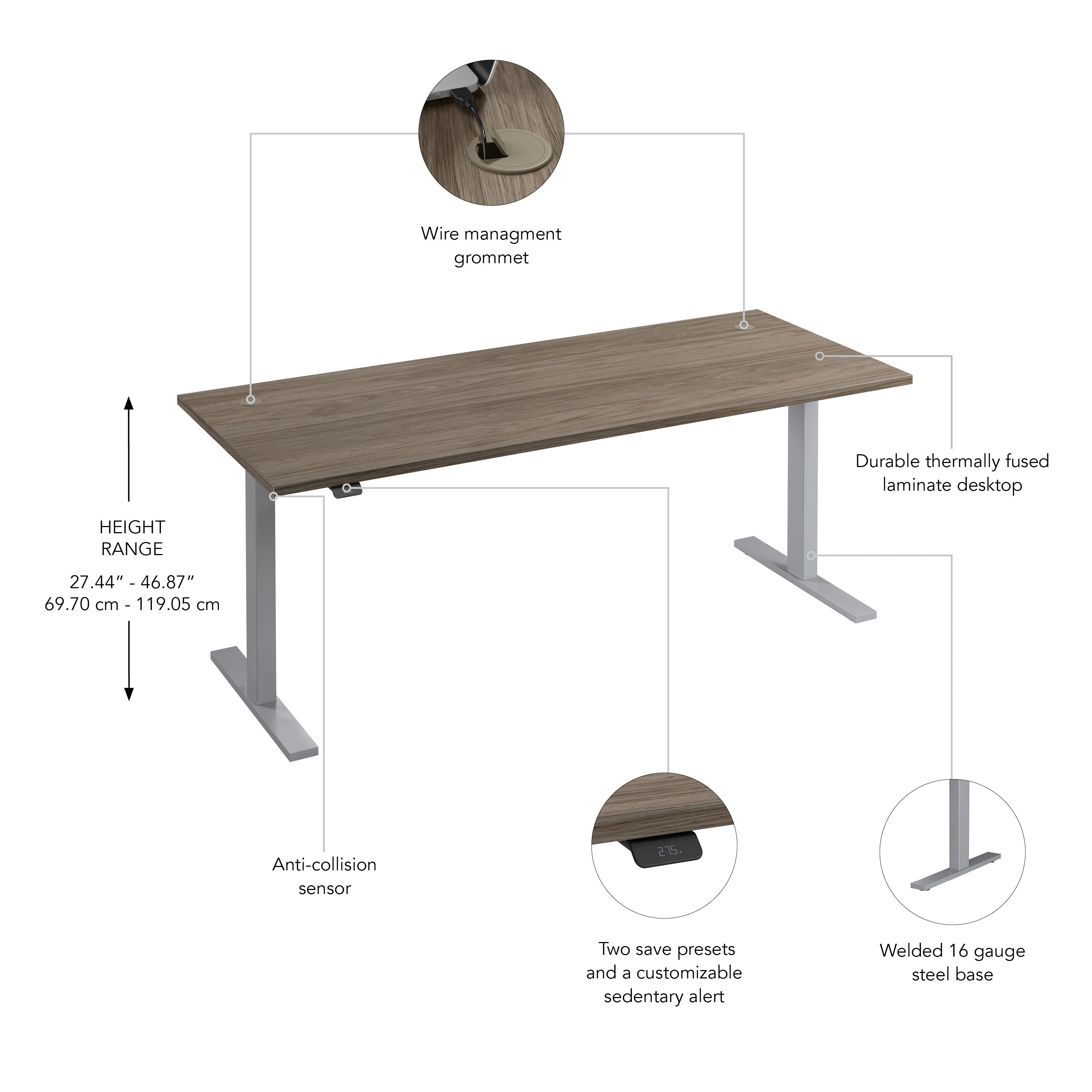 Bush Business Furniture Move 60 Series 72W x 30D Electric Height Adjustable Standing Desk in Modern Hickory with Metallic Gray Base - 71.02" Width x 29.37" Depth x 47.69" Height