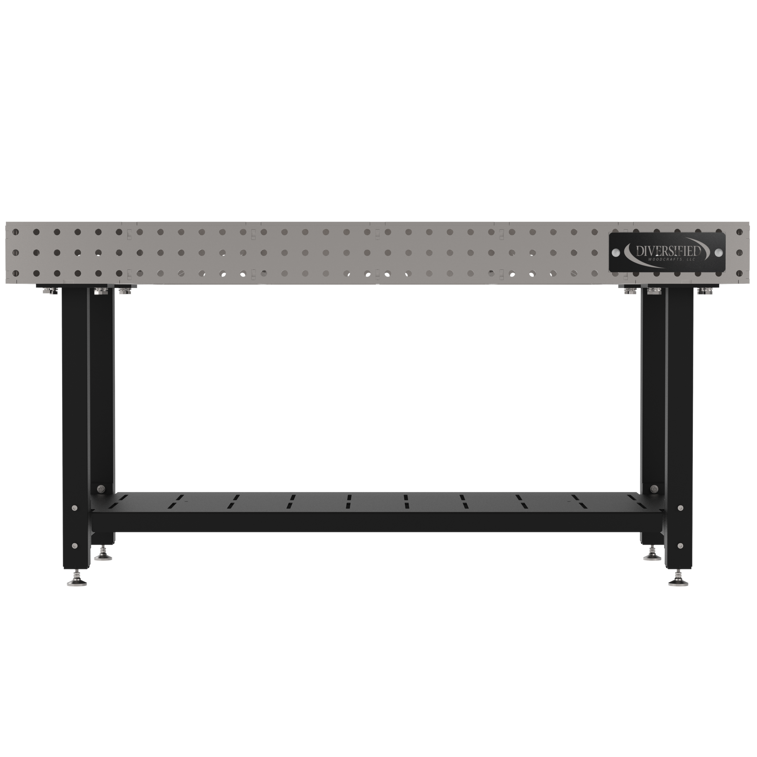 Welding Fixture Table, Fixed Height, 36"H x 72"L x 36"D, 1/4" Carbon Steel Top, Four Black Powdercoat Legs, Shelf, Self-Leveling Feet