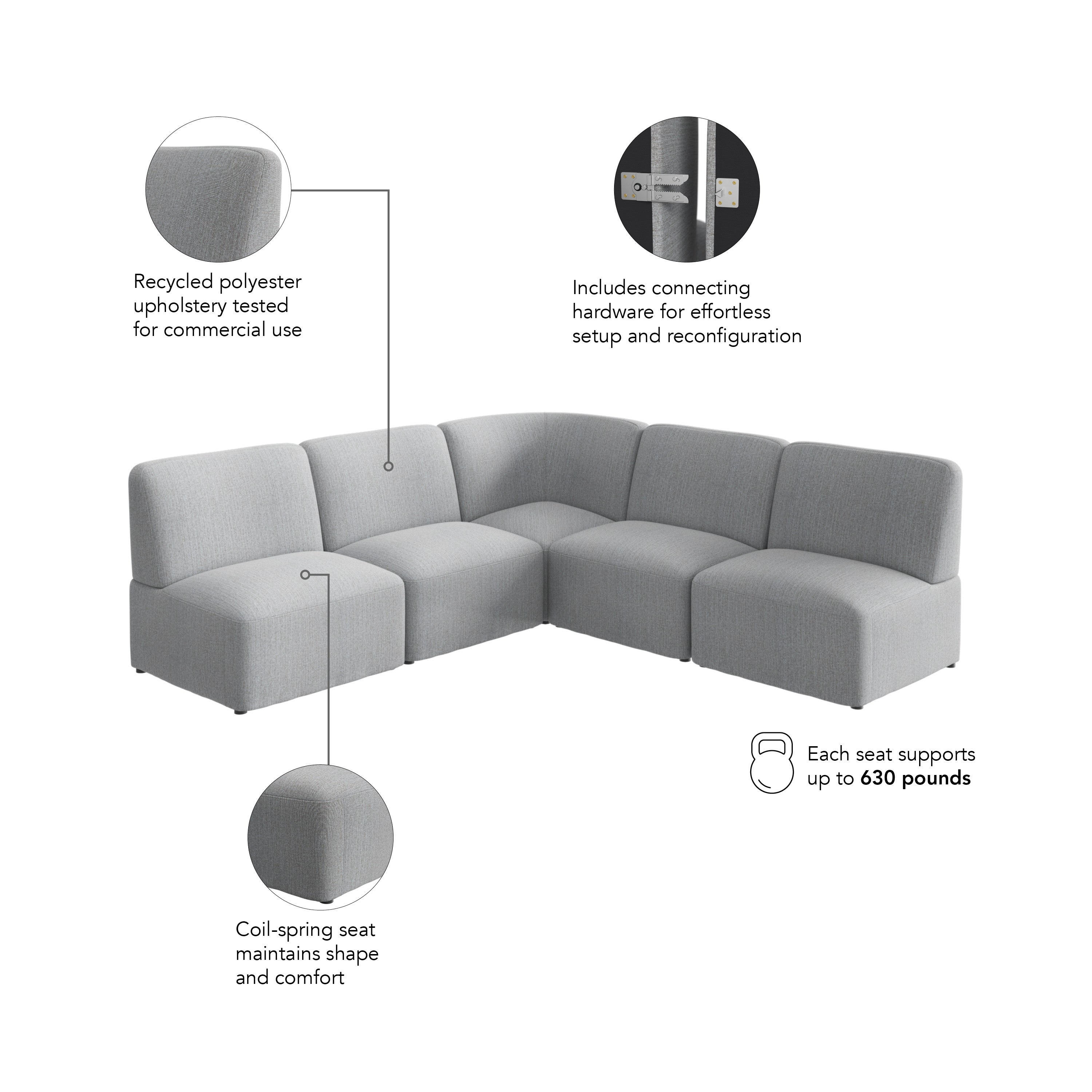 Bush Business Furniture Assemble Modular 5 Seater L Shaped Sectional Lounge Sofa in Fog Fabric - 89.76" Width x 89.76" Depth x 29.92" Height