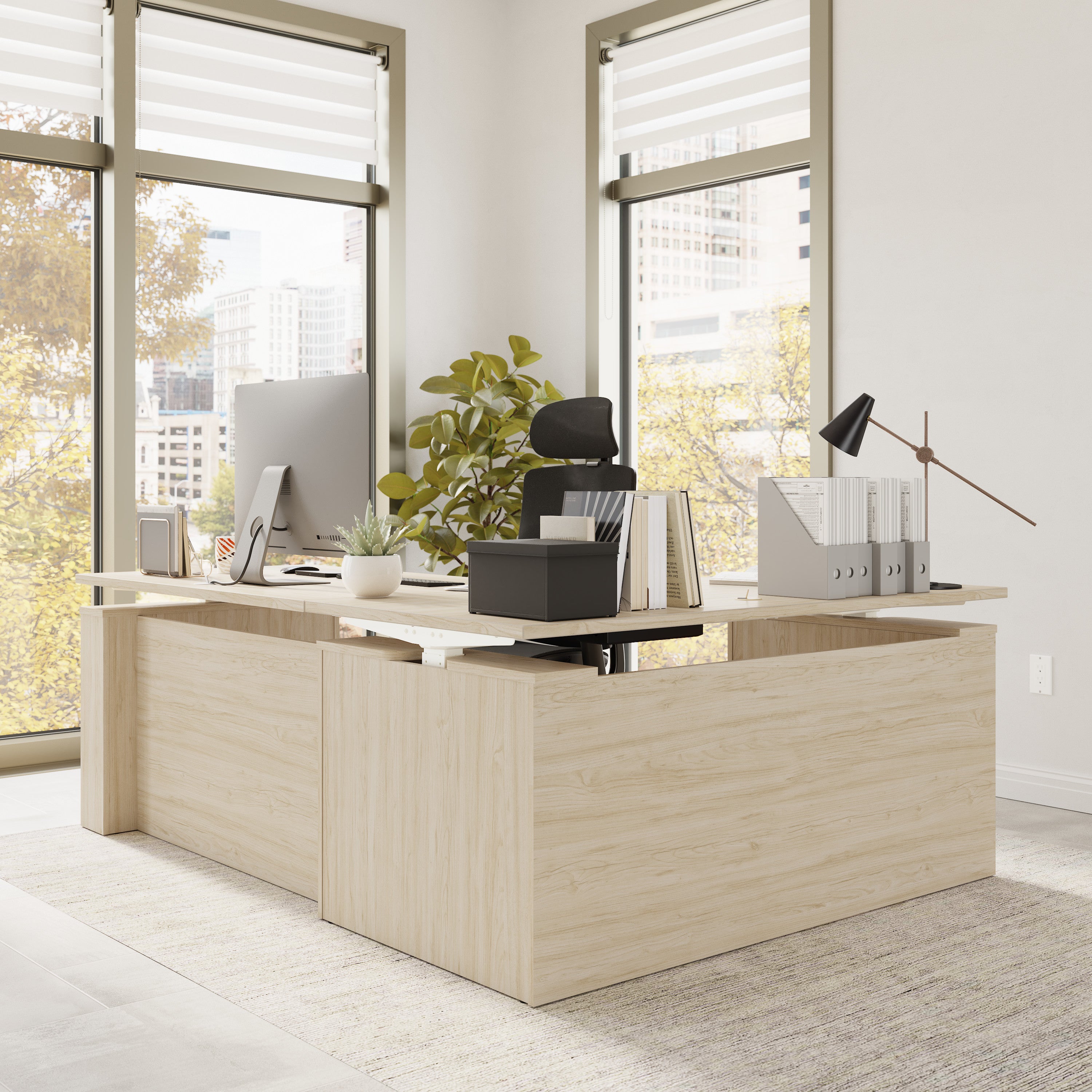 Bush Business Furniture Stratus&nbsp;60W x&nbsp;78D Electric Height Adjustable L Shaped Standing Desk in Natural Elm with White Base - 59.45" Width x 76.97" Depth x 27.44" Height