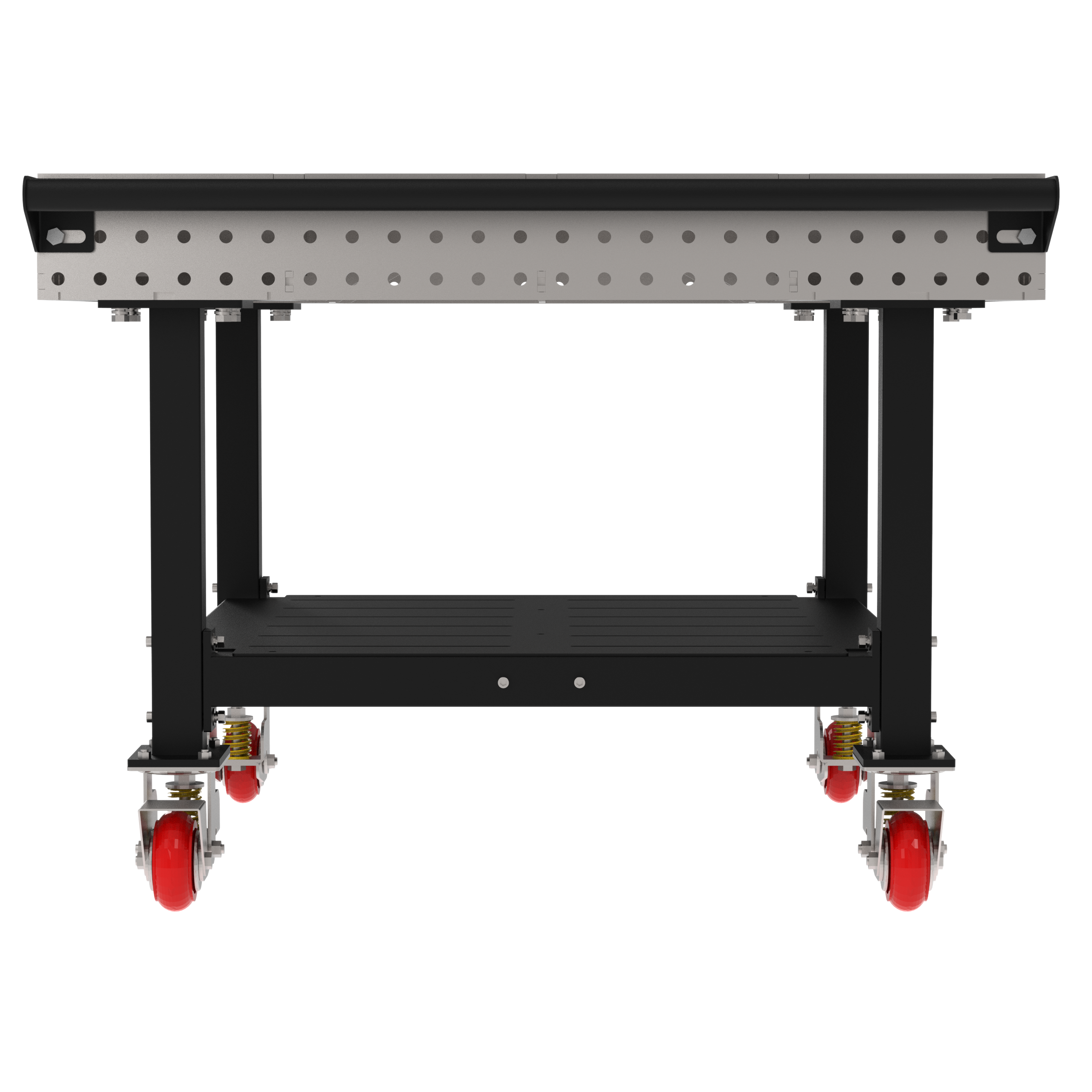 Welding Fixture Table, Fixed Height, 36"H x 48"L x 48"D, 1/4" Carbon Steel Top, Four Black Powdercoat Legs, Shelf, Handle, 4 Heavy Duty Suspension Casters (2 Locking/Swiveling Casters and 2 Non-Locking/Non-SwivelingCasters)