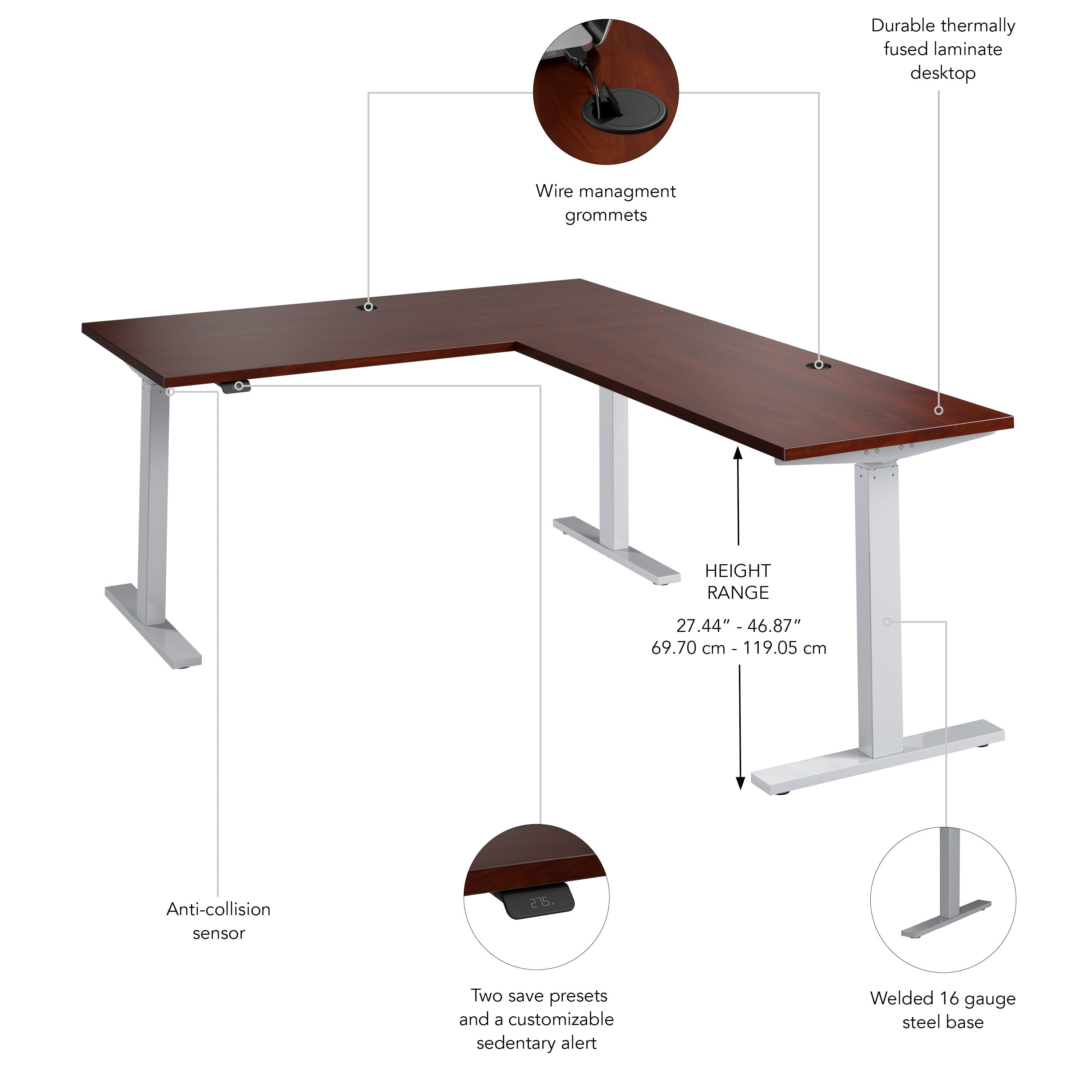 Bush Business Furniture Move 60 Series 60W Height Adjustable L Shaped Standing Desk in Hansen Cherry with Metallic Gray Base - 59.45" Width x 76.97" Depth x 27.44" Height