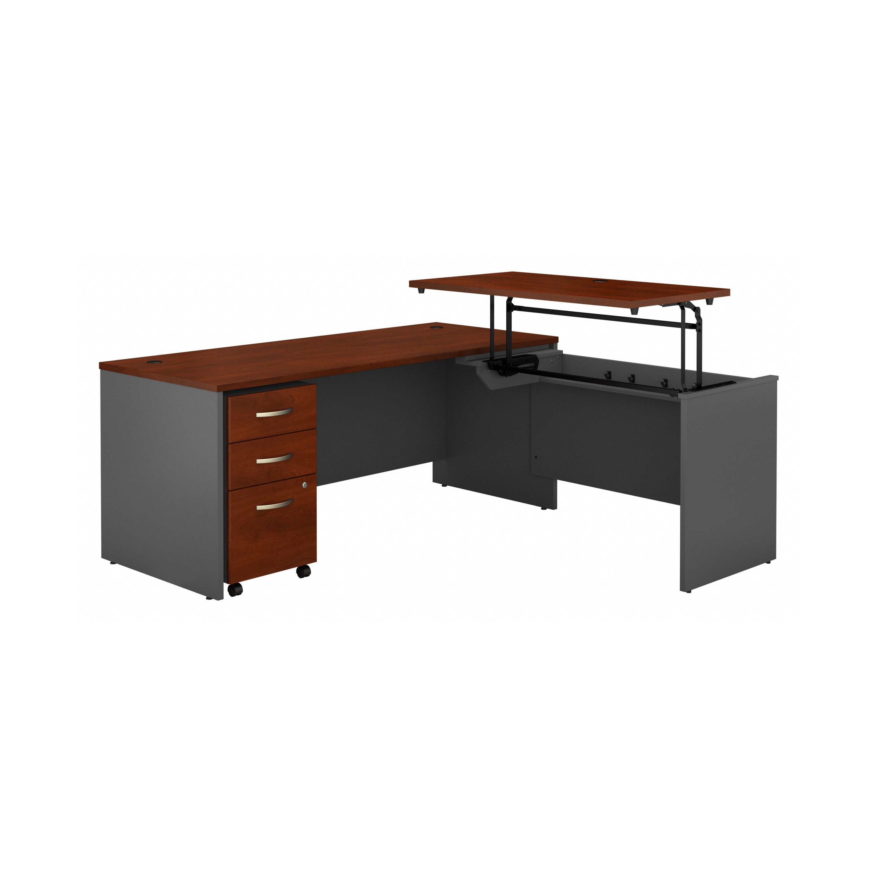 Bush Business Furniture Series C 72W x 30D 3 Position Sit to Stand L Shaped Desk with Mobile File Cabinet in Hansen Cherry/Graphite Gray - 71.1" Width x 72.01" Depth x 29.84" Height