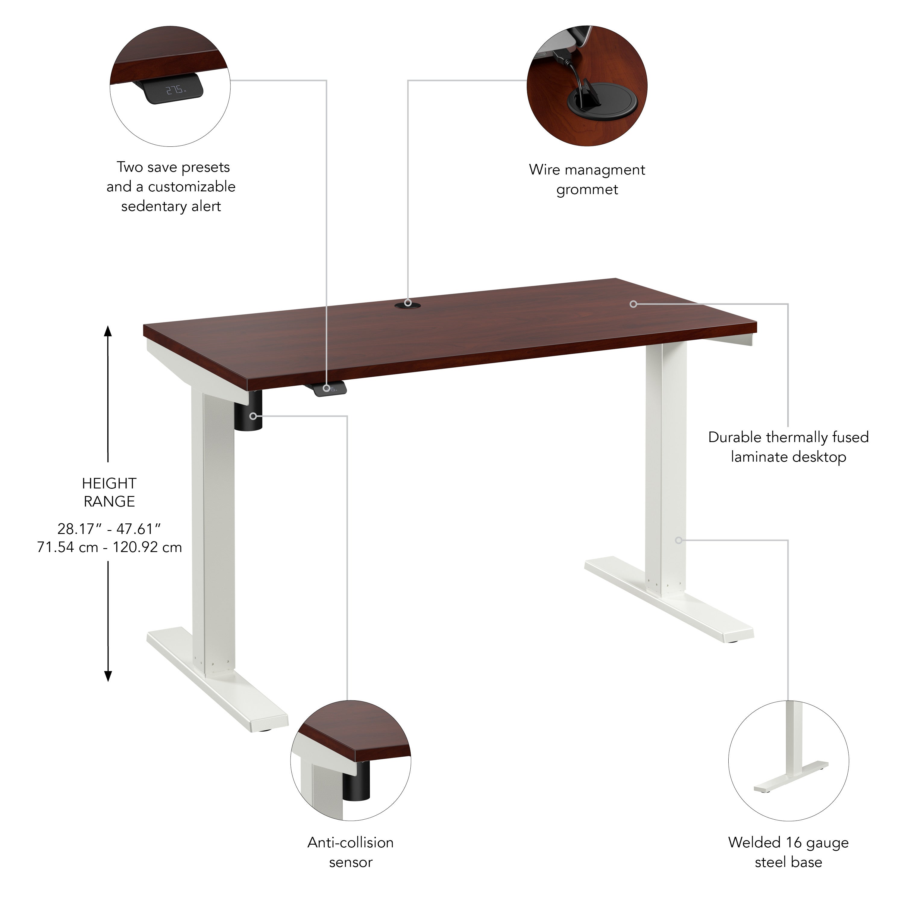 Bush Business Furniture Move 40 Series 48W x 24D Electric Height Adjustable Standing Desk in Hansen Cherry with White Base - 47.6" Width x 23.35" Depth x 28.17" Height