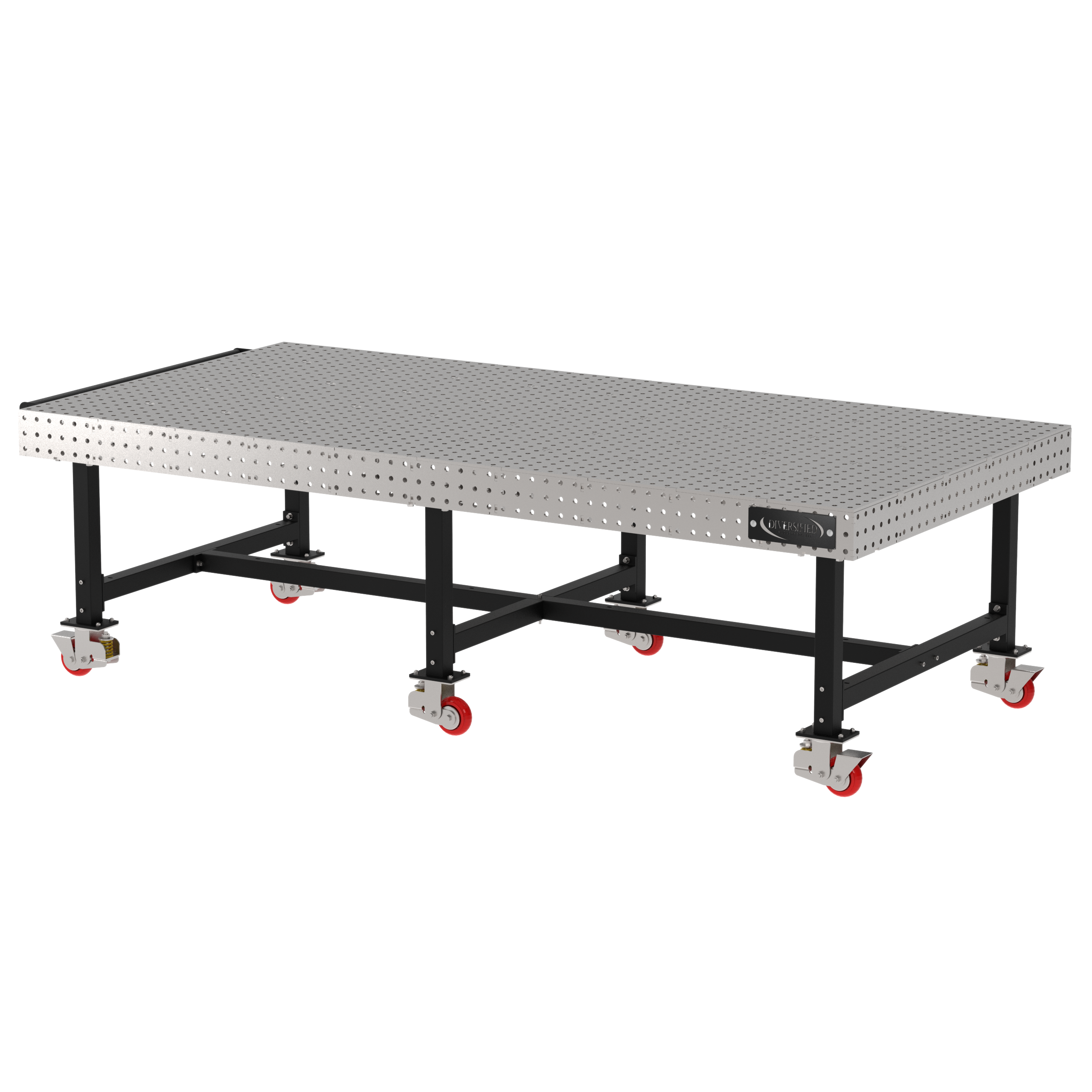 Welding Fixture Table, Fixed Height, 36"H x 120"L x 60"D, 1/4" Carbon Steel Top, Six Black Powdercoat Legs, Handle, 6 Heavy Duty Suspension Casters (4 Locking/Swiveling Casters and 2 Non-Locking/Non-SwivelingCasters)