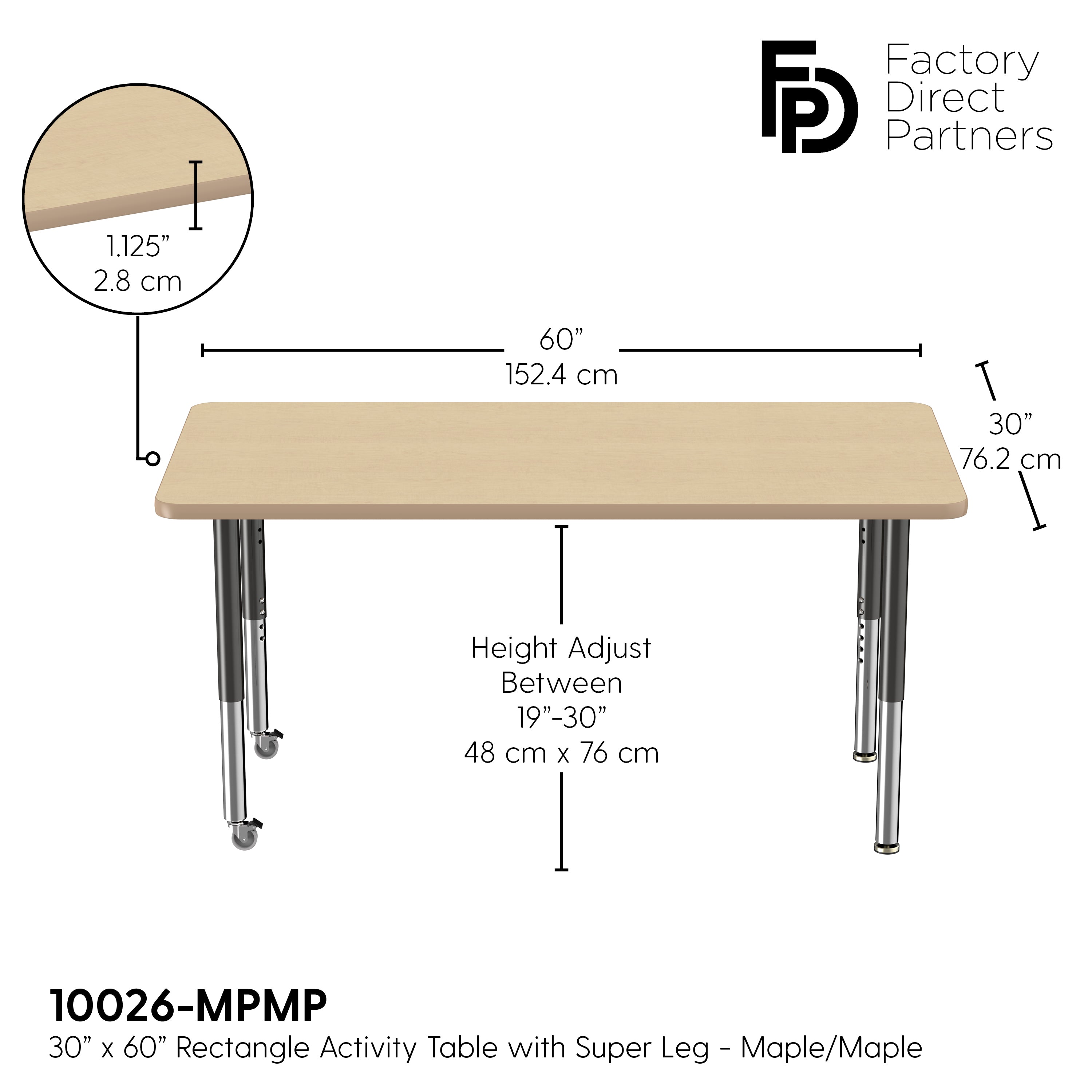 30" x 60" Rectangle T-Molding Activity Table with Adjustable Super Legs - Maple/Maple/Black