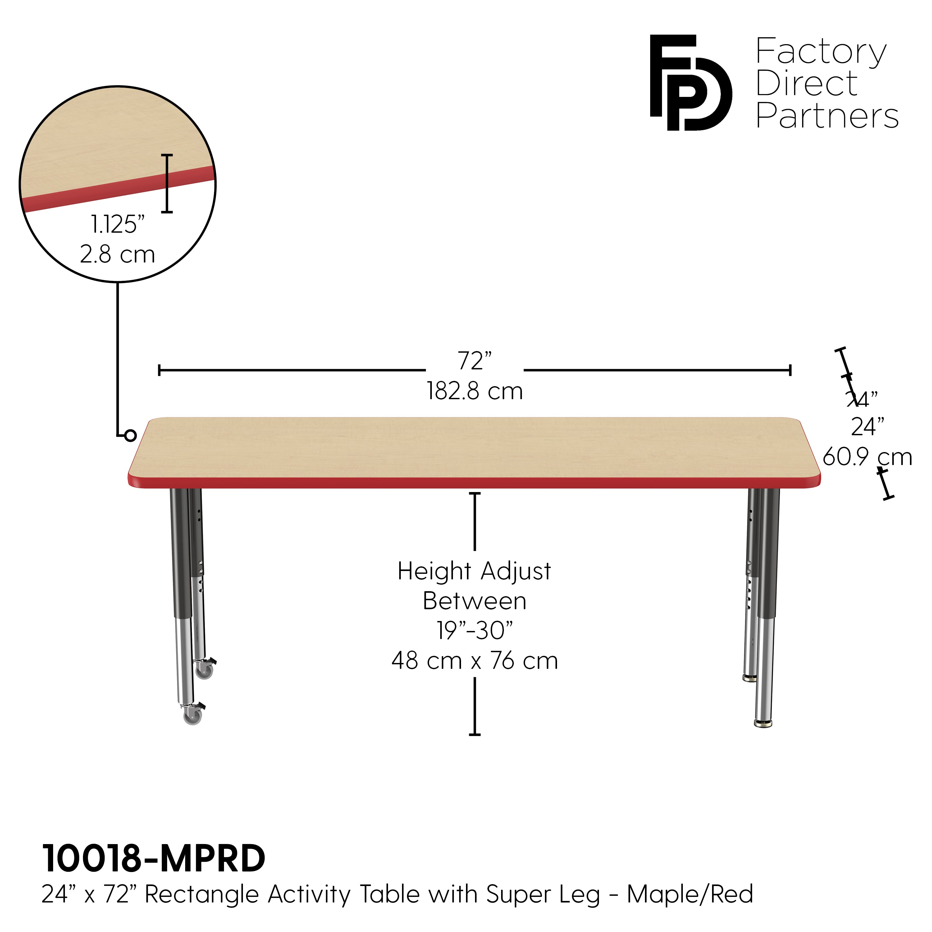 24" x 72" Rectangle T-Molding Activity Table with Adjustable Super Legs - Maple/Red/Black