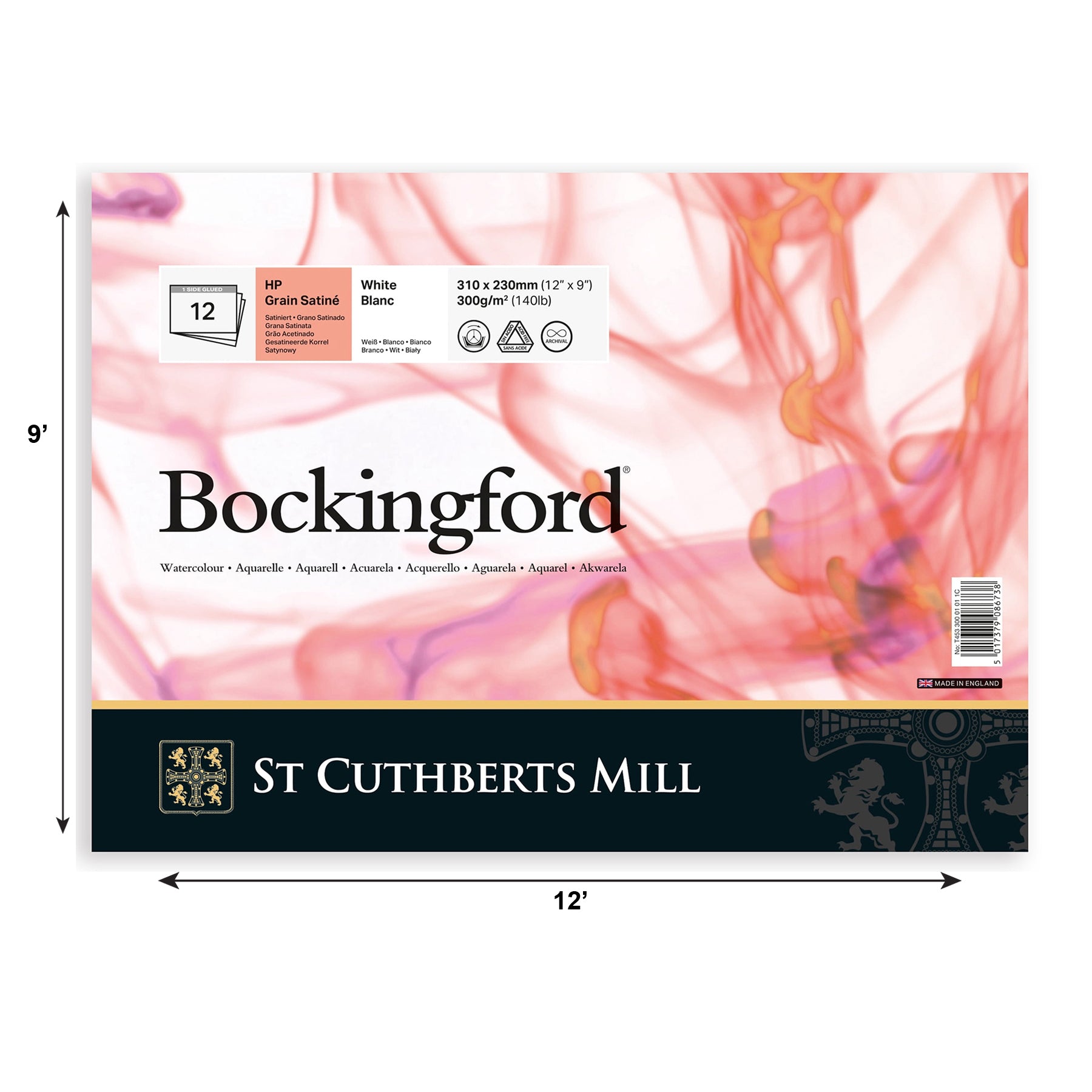 Bockingford Watercolor Pad, Hot Pressed, White, Glue Binding, 140lb/300gsm, 12 Sheet, 9x12 inch, 1 Count