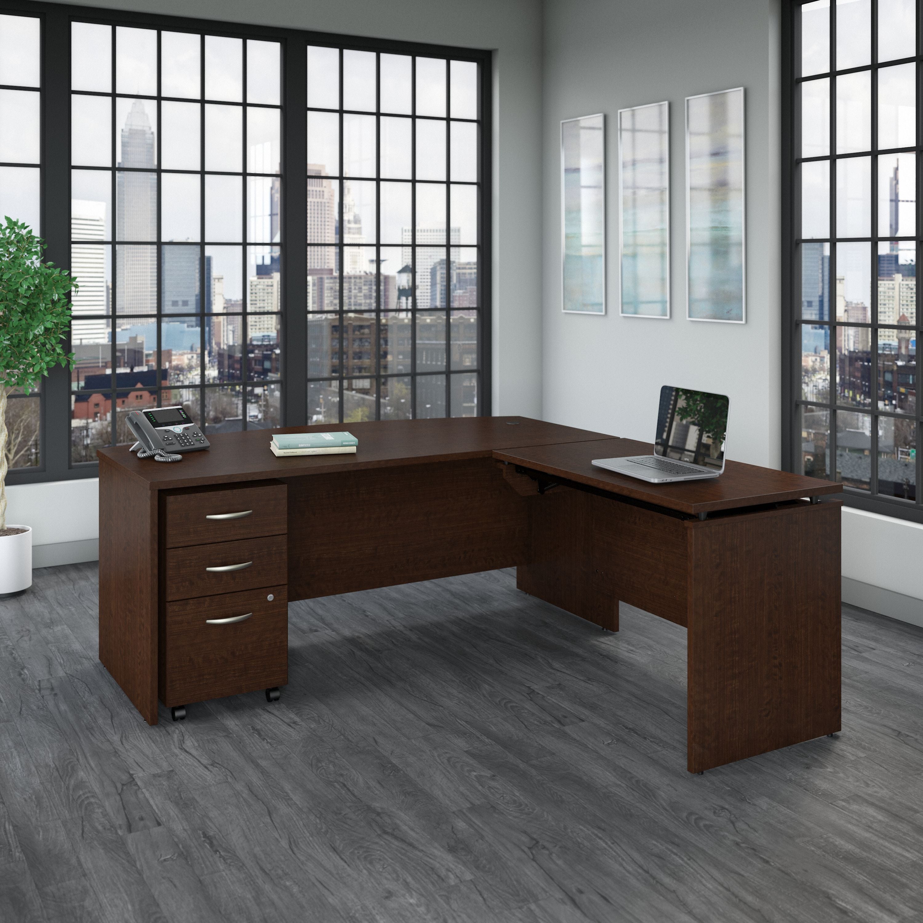 Bush Business Furniture Series C 72W x 36D 3 Position Bow Front Sit to Stand L Shaped Desk with Mobile File Cabinet in Mocha Cherry - 71.1" Width x 78.7" Depth x 29.84" Height
