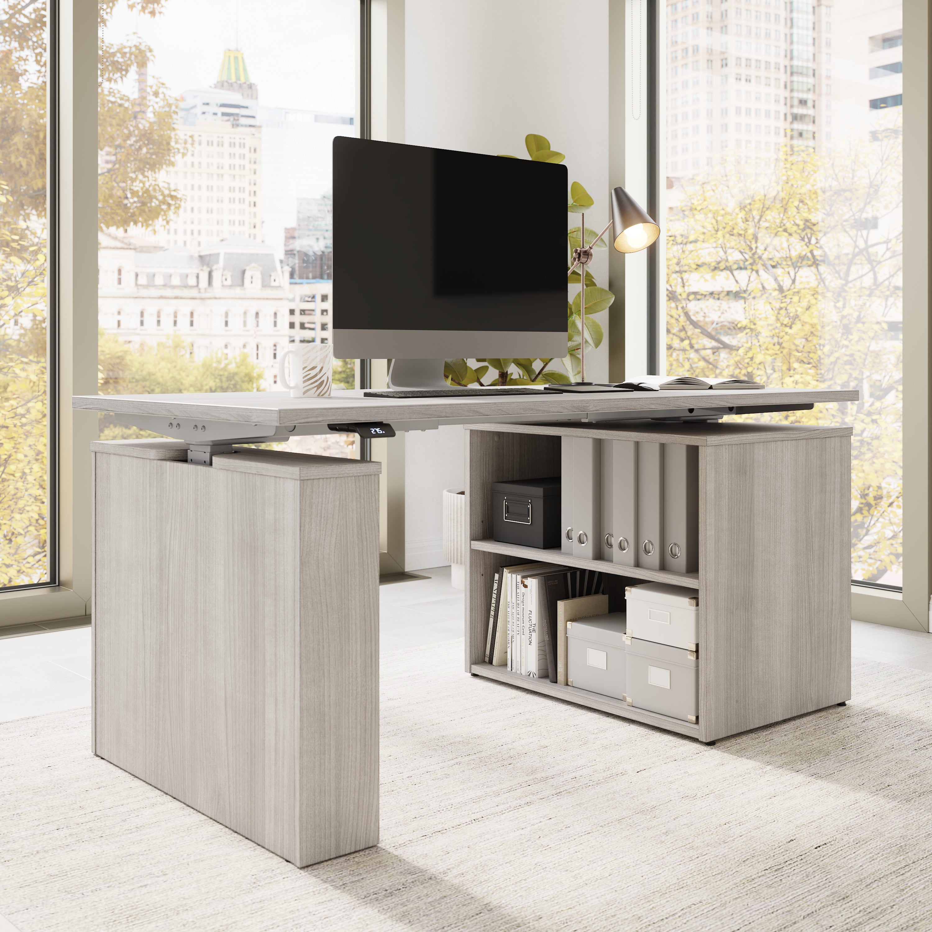 Bush Business Furniture Stratus&nbsp;60W x&nbsp;30D Electric Height Adjustable Standing Desk with Bookcase in Platinum Gray with Metallic Gray Base - 59.45" Width x 29.37" Depth x 27.44" Height