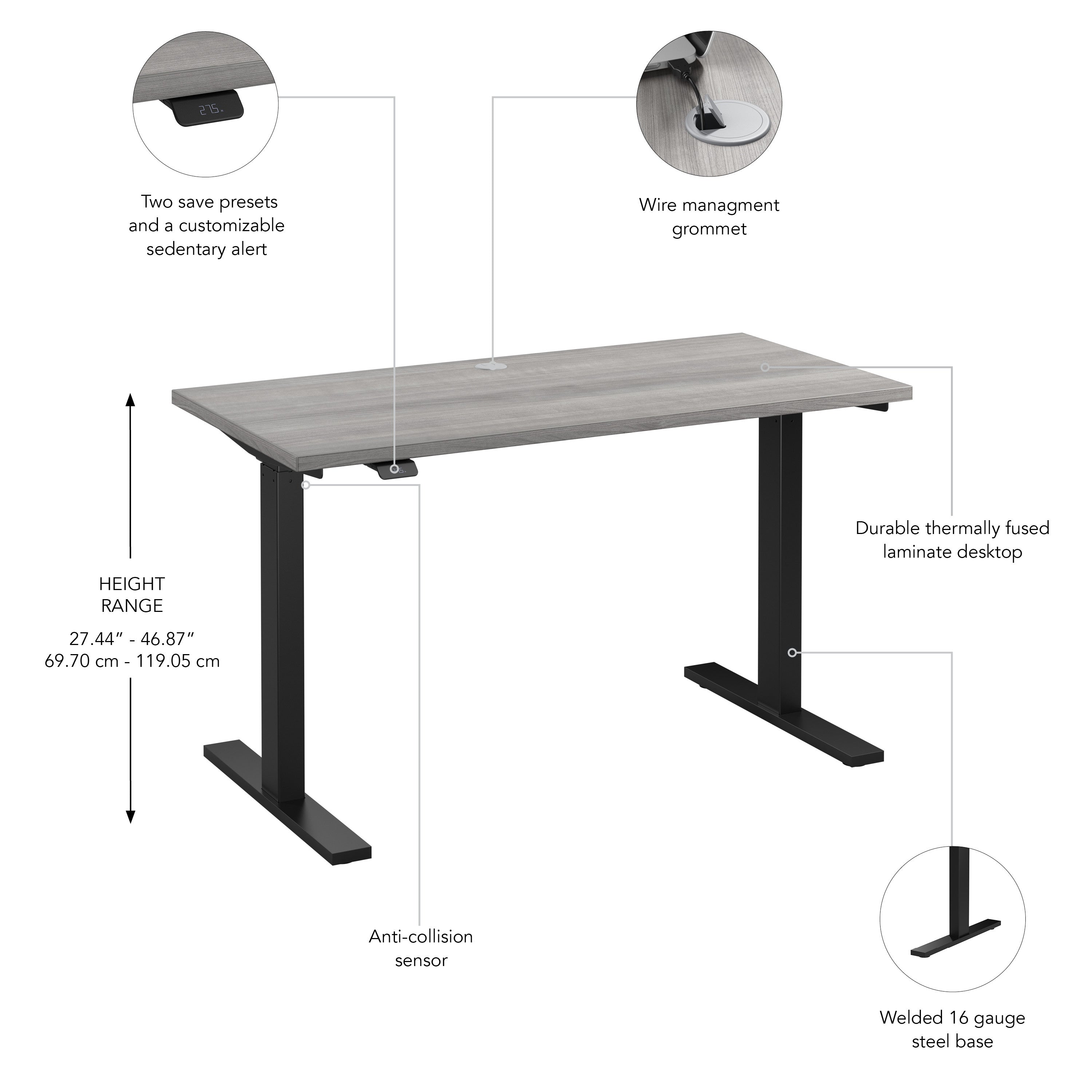 Bush Business Furniture Move 60 Series 48W x 24D Electric Height Adjustable Standing Desk in Platinum Gray with Black Base - 47.6" Width x 23.62" Depth x 47.69" Height