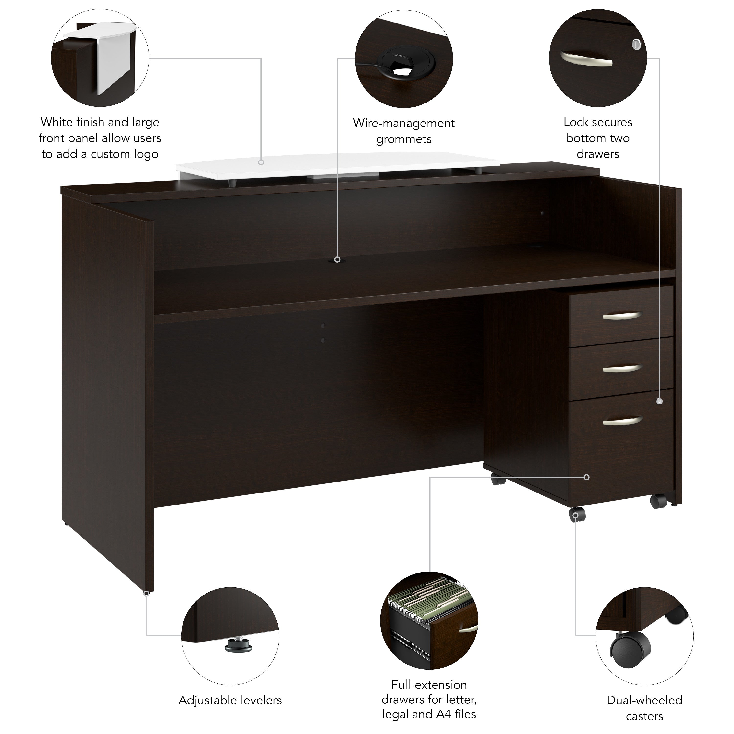 Bush Business Furniture Arrive 72W x 30D Reception Desk with Counter and Mobile File Cabinet in Mocha Cherry - 71.02" Width x 29.49" Depth x 40.35" Height