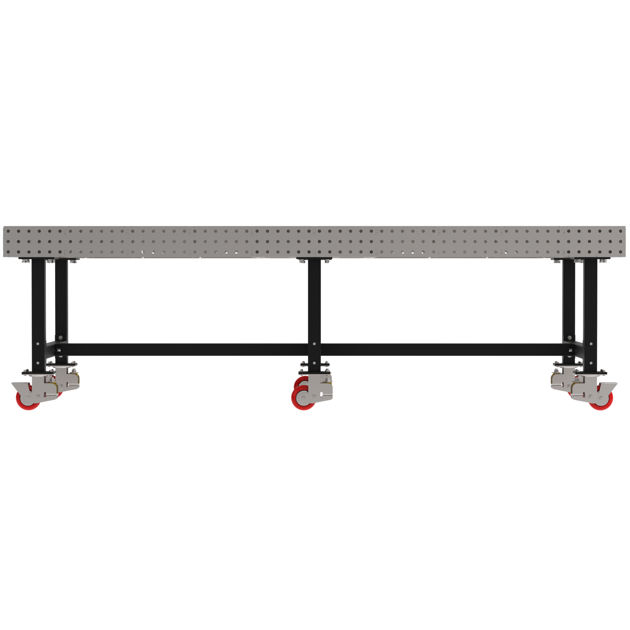 Welding Fixture Table, Fixed Height, 36"H x 120"L x 48"D, 1/4" Carbon Steel Top, Six Black Powdercoat Legs, 6 Heavy Duty Suspension Casters (4 Locking/Swiveling Casters and 2 Non-Locking/Non-SwivelingCasters)