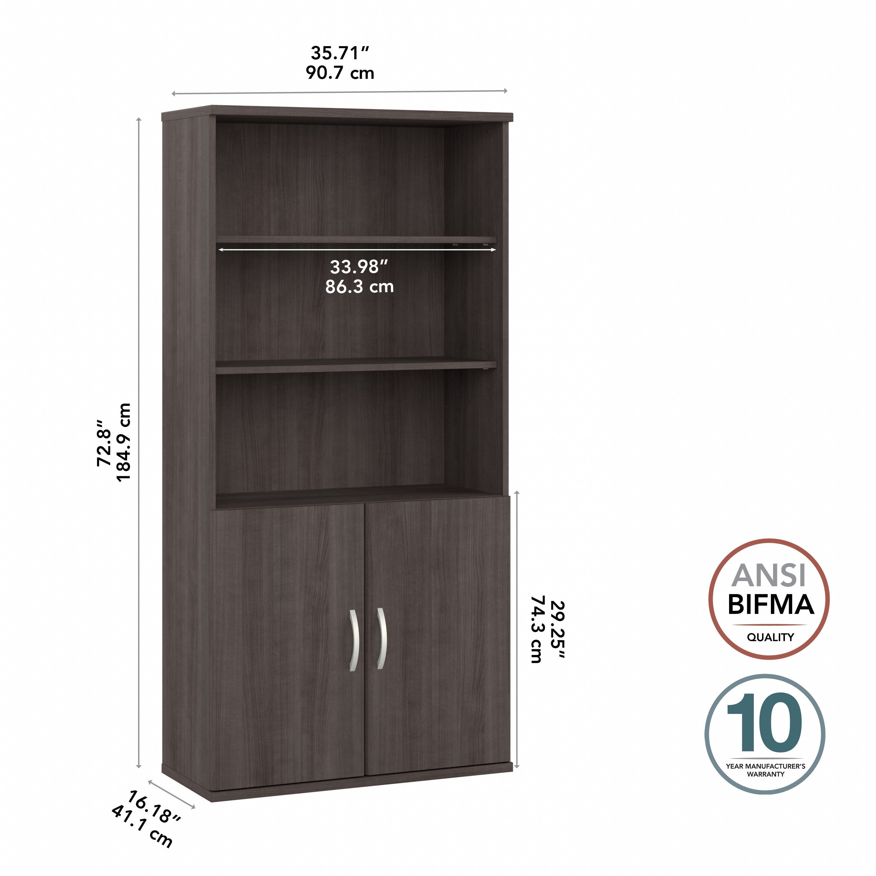 Bush Business Furniture Hybrid Tall 5 Shelf Bookcase with Doors in Storm Gray - 35.71" Width x 15.43" Depth x 72.8" Height