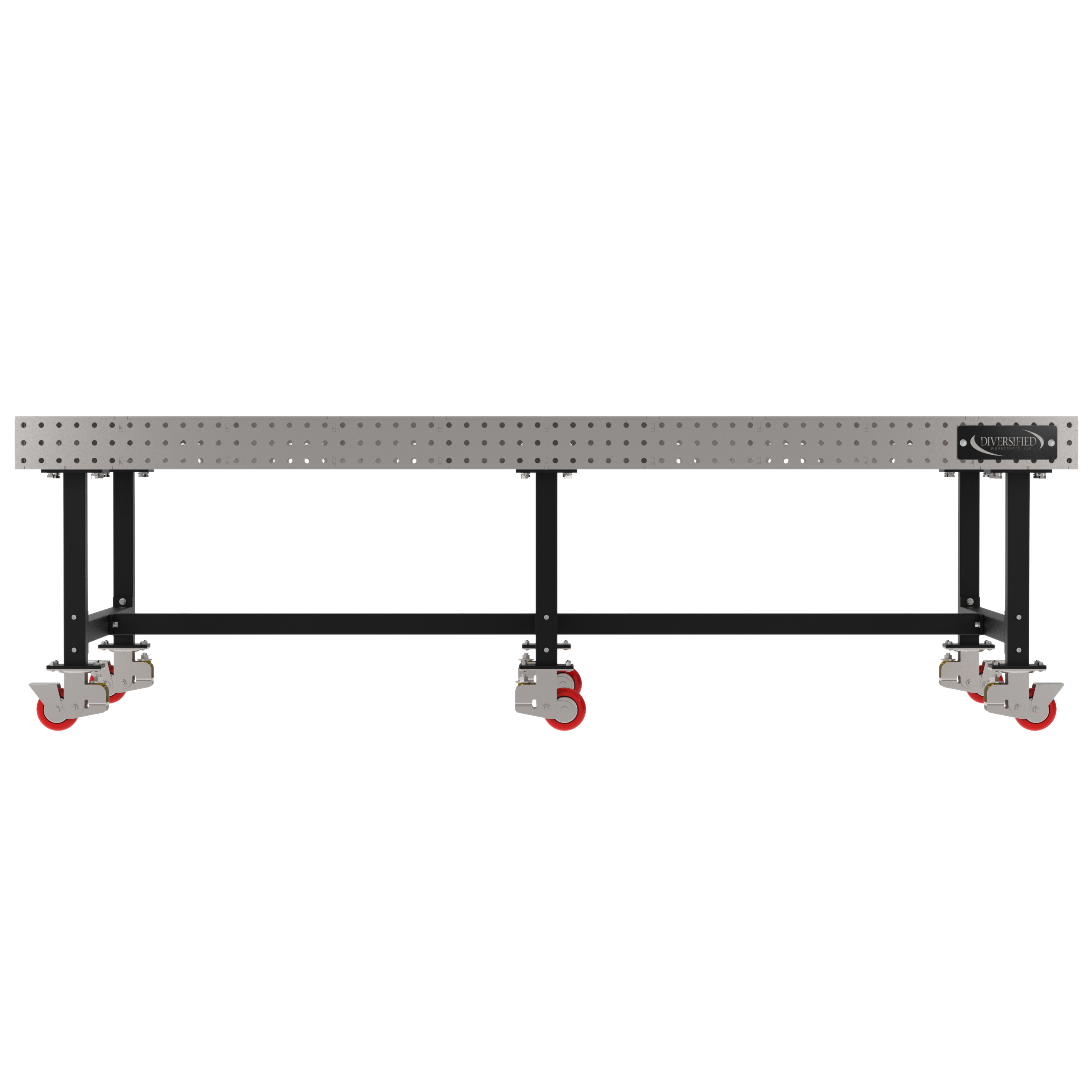 Welding Fixture Table, Fixed Height, 36"H x 120"L x 60"D, 1/4" Carbon Steel Top, Six Black Powdercoat Legs, 6 Heavy Duty Suspension Casters (4 Locking/Swiveling Casters and 2 Non-Locking/Non-SwivelingCasters)