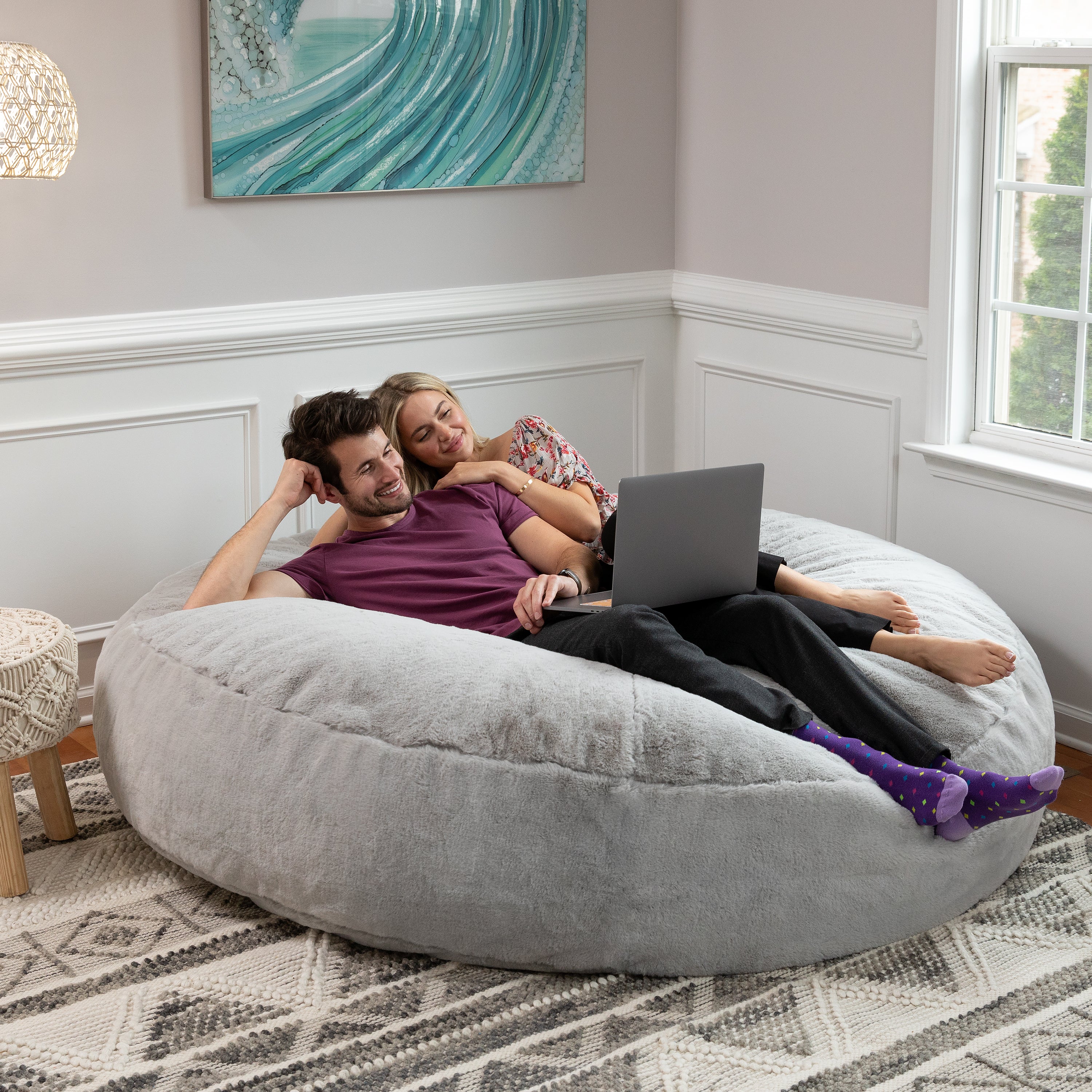 Jaxx 6 Foot Cocoon - 2-in-1 Convertible Bean Bag Bed & Large Bean Bag Chair for Adults - Premium Faux Fur, Silver Rabbit