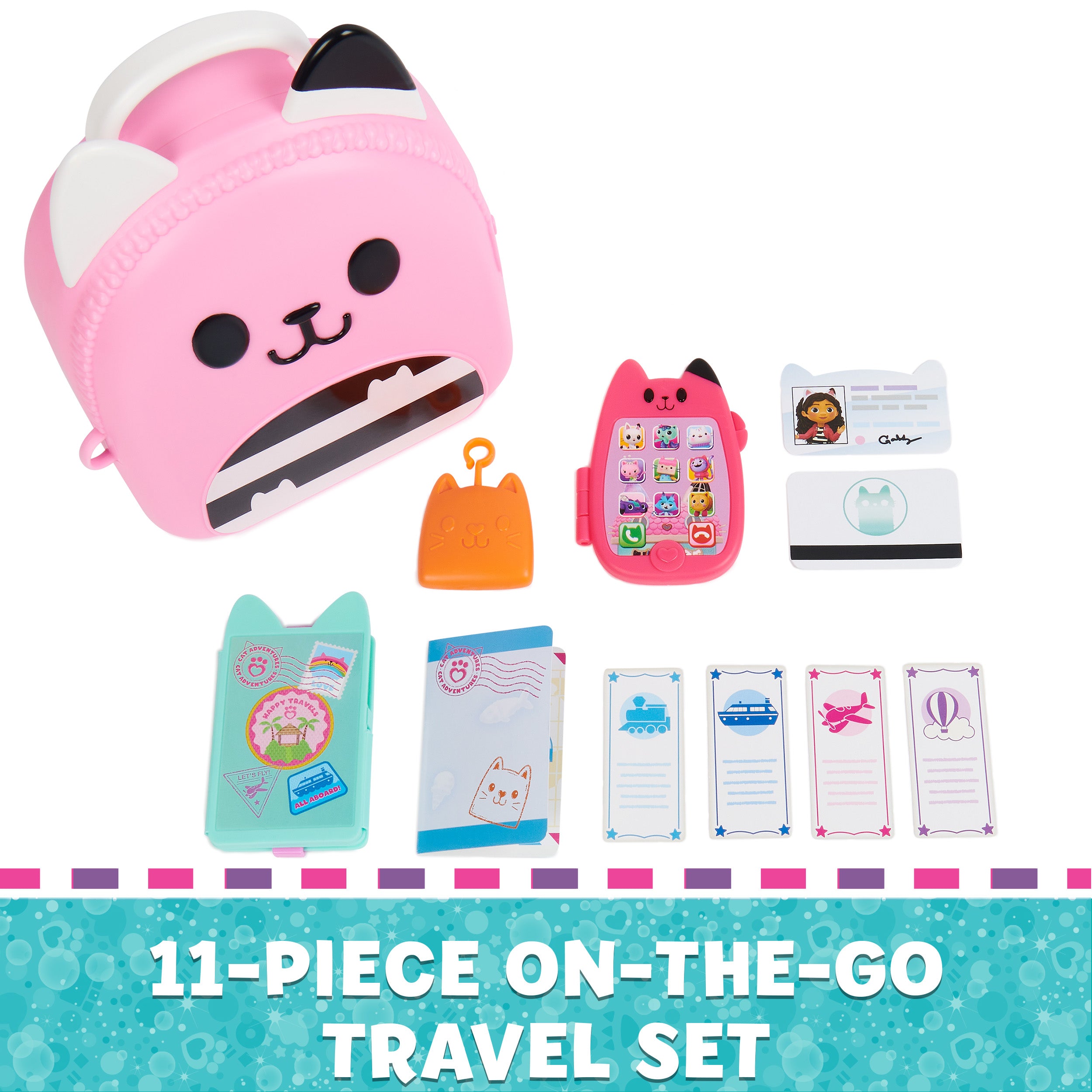 Gabby’s Dollhouse, Gabby Girl On-The-Go Travel Set, Pretend Play Travel Toys, Toy Passport, Toy Phone and Compass Charm, Kids Toys for Girls & Boys 3+