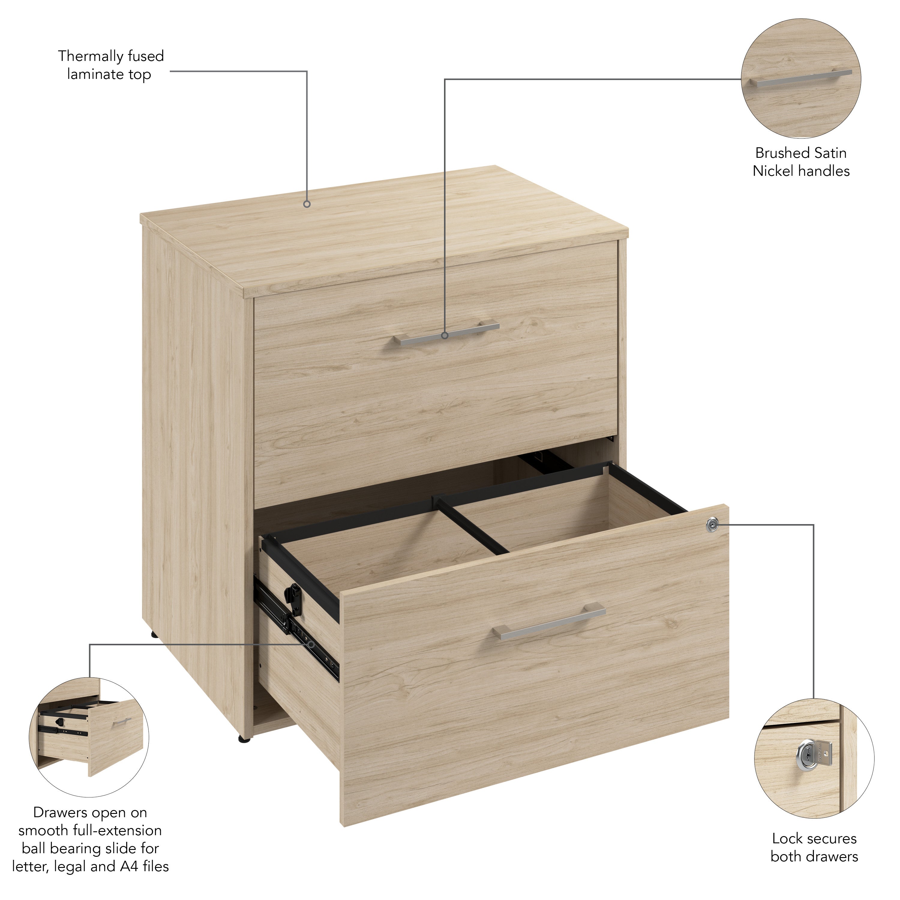 Bush Business Furniture Hustle 2 Drawer Lateral File Cabinet with Lock in Natural Elm - Assembled - 29.65" Width x 19.61" Depth x 30" Height