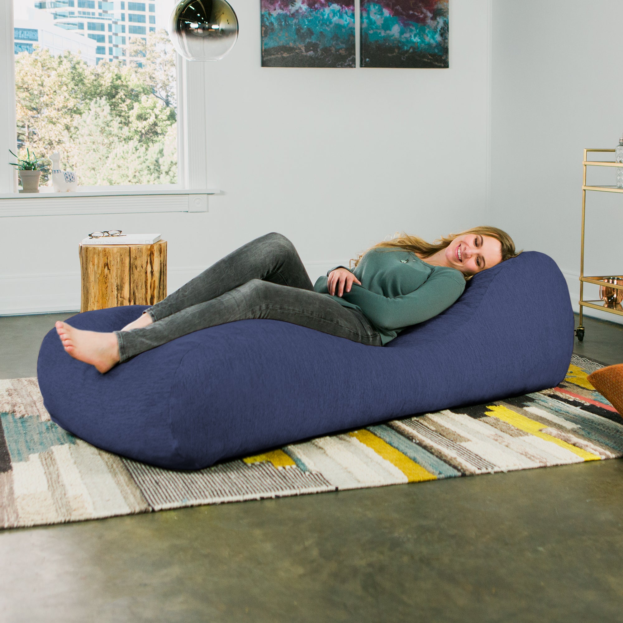 Jaxx Arlo Chaise Lounger Foam Bean Bag Chair - Premium Chenille, Navy