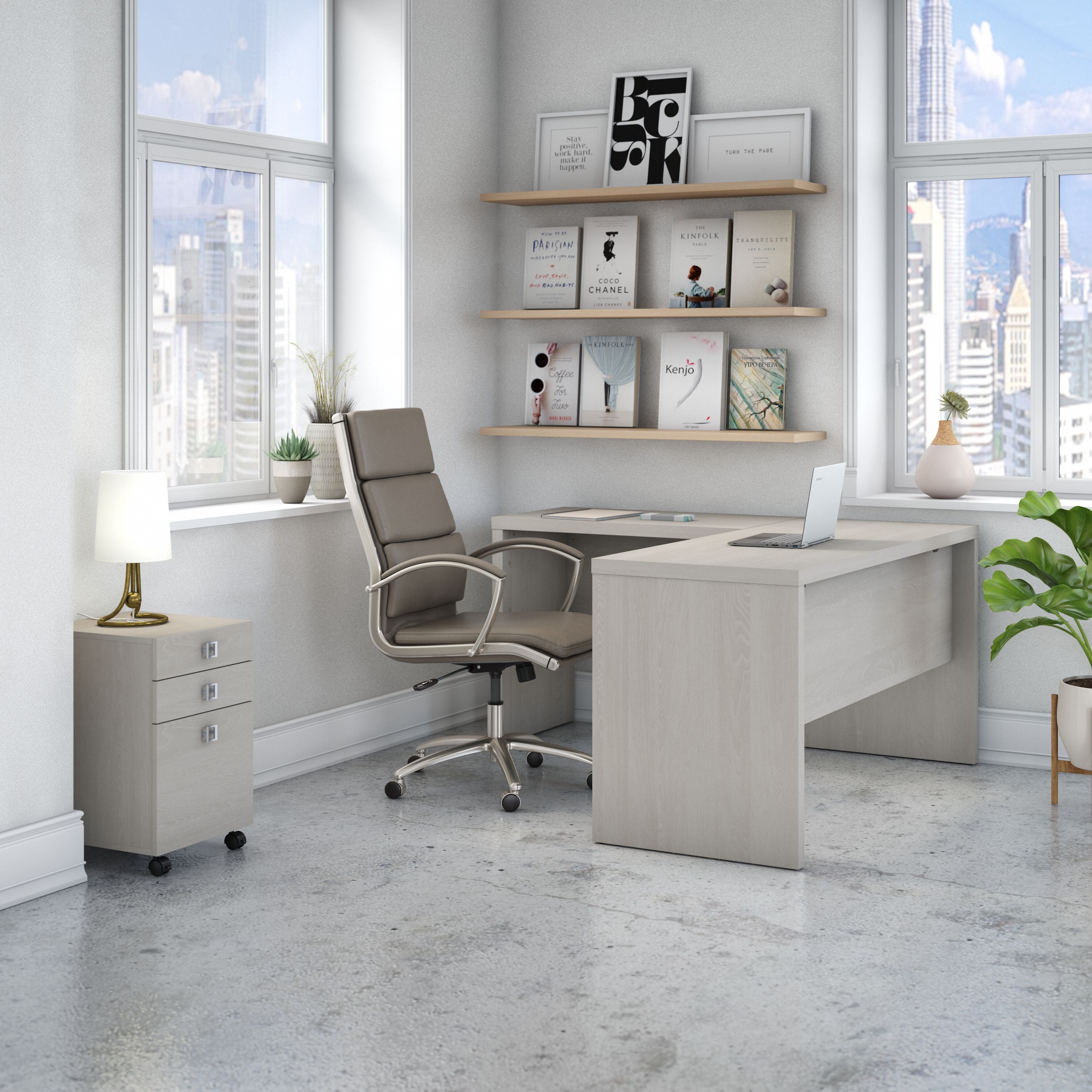 Bush Business Furniture Echo L Shaped Desk with Mobile File Cabinet in Gray Sand - 60" Width x 59.84" Depth x 30" Height