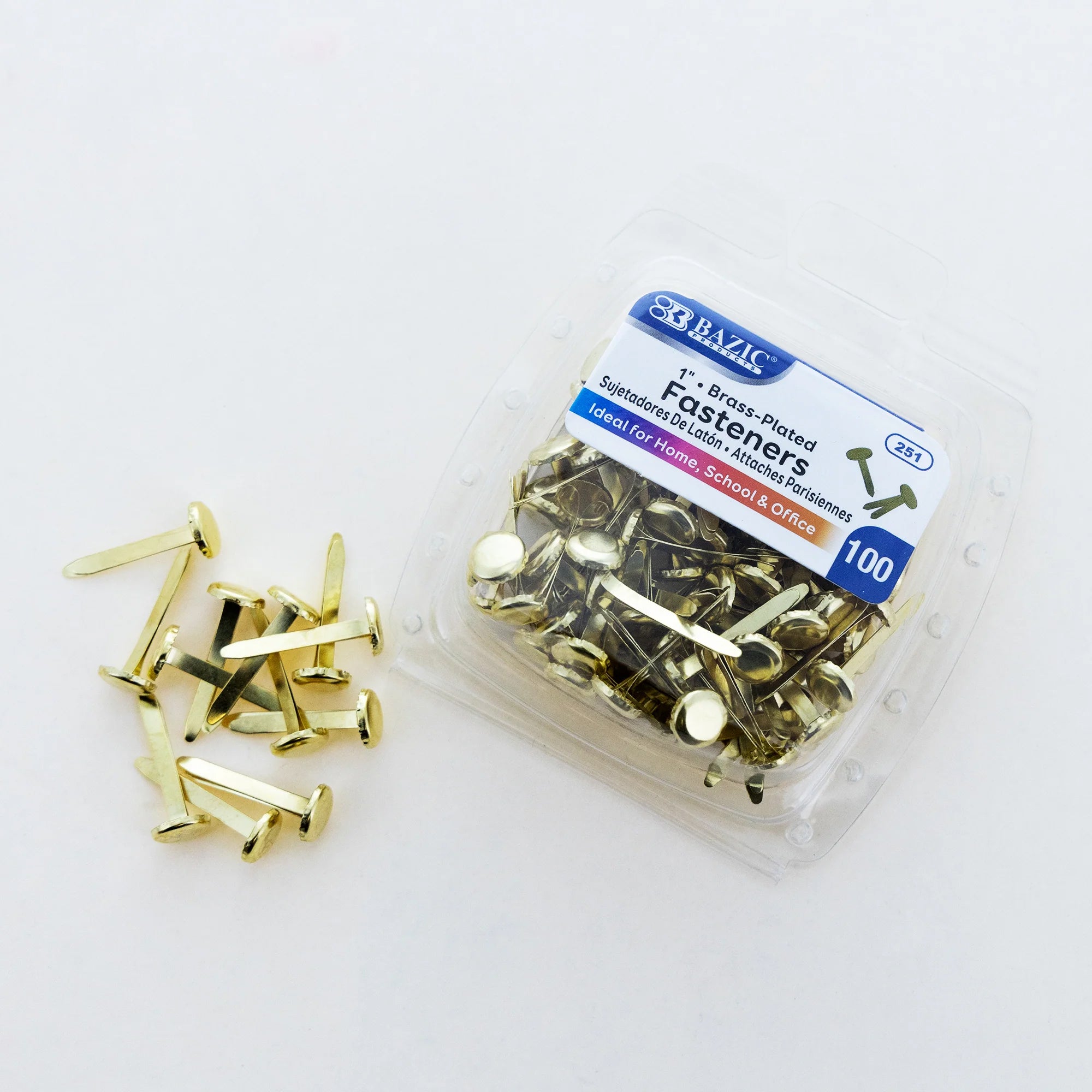Brass-Plated Fasteners, 1", Pack of 100