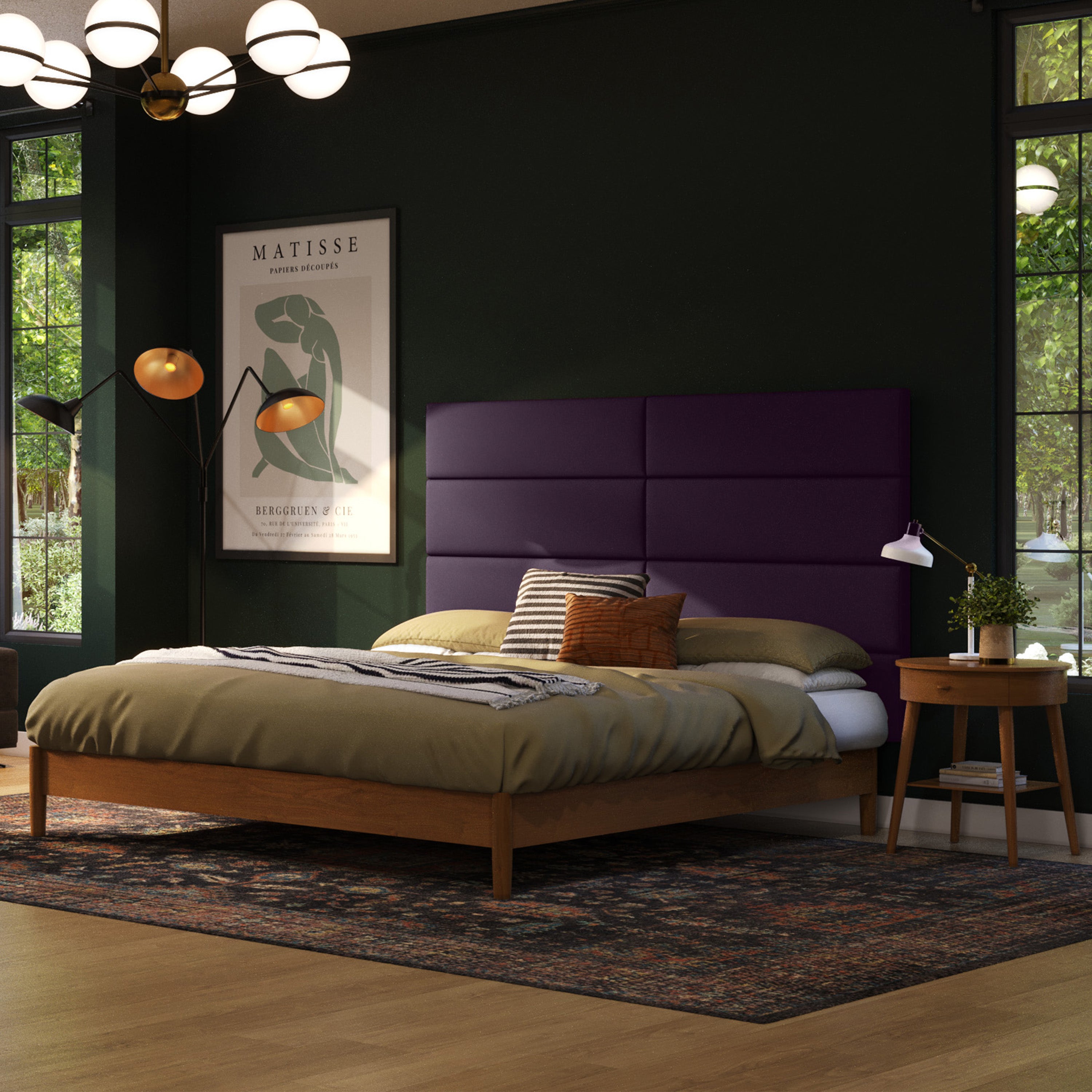 Jaxx Panelist Modern Padded Headboard – Set of 4 Wall Mounted Panels (Each 11.25" x 30") - Queen, Vegan Leather, Kalamata Purple