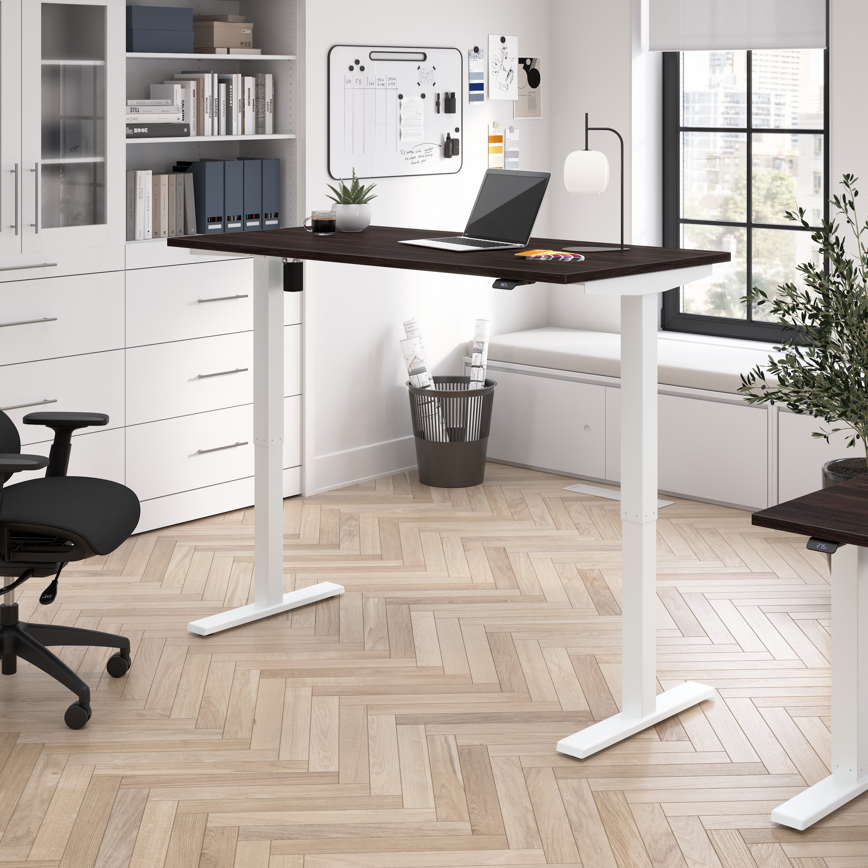 Bush Business Furniture Move 40 Series 60W x 30D Electric Height Adjustable Standing Desk in Black Walnut with White Base - 59.45" Width x 29.37" Depth x 28.17" Height
