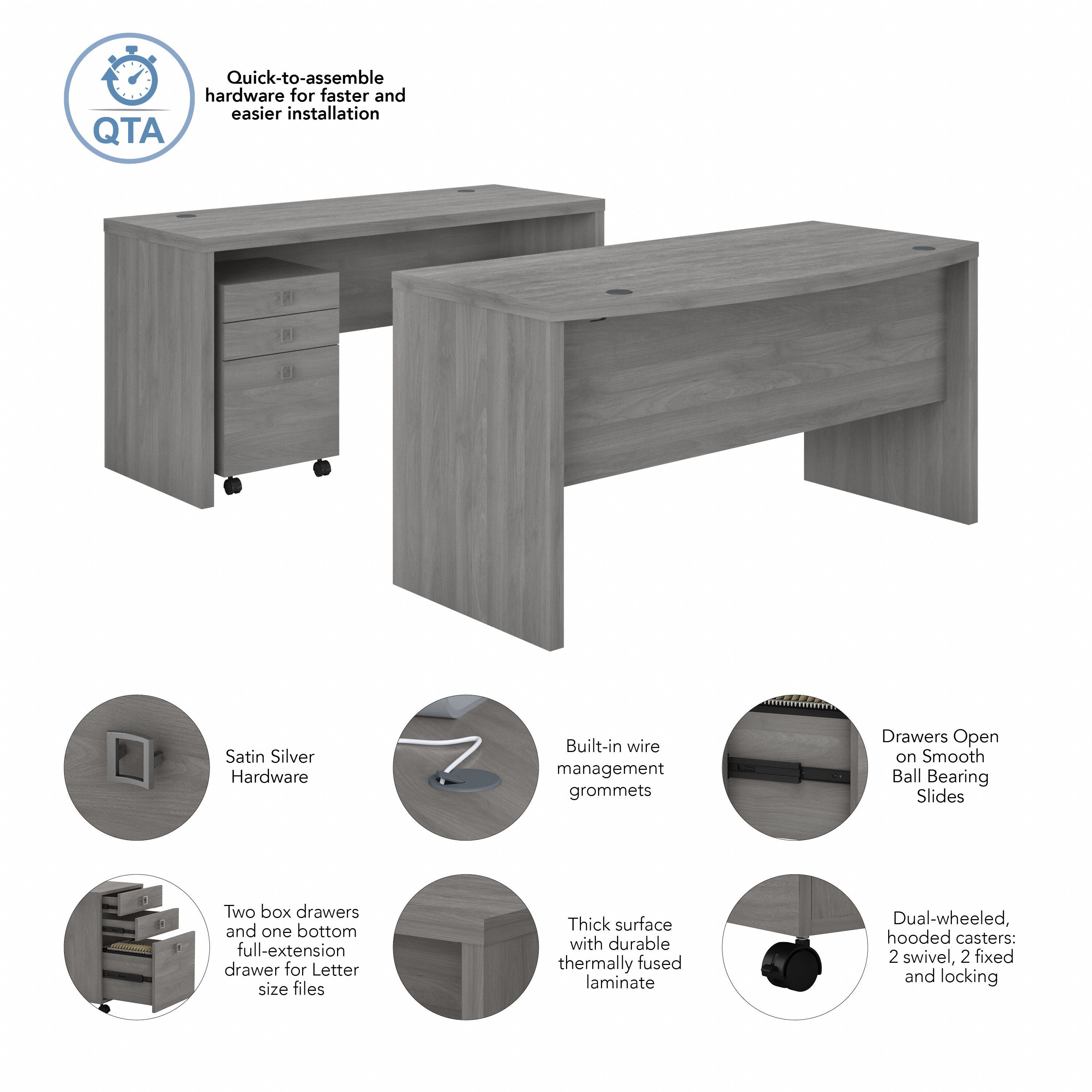 Bush Business Furniture Echo Bow Front Desk and Credenza with Mobile File Cabinet in Modern Gray - 60" Width x 87.26" Depth x 30" Height