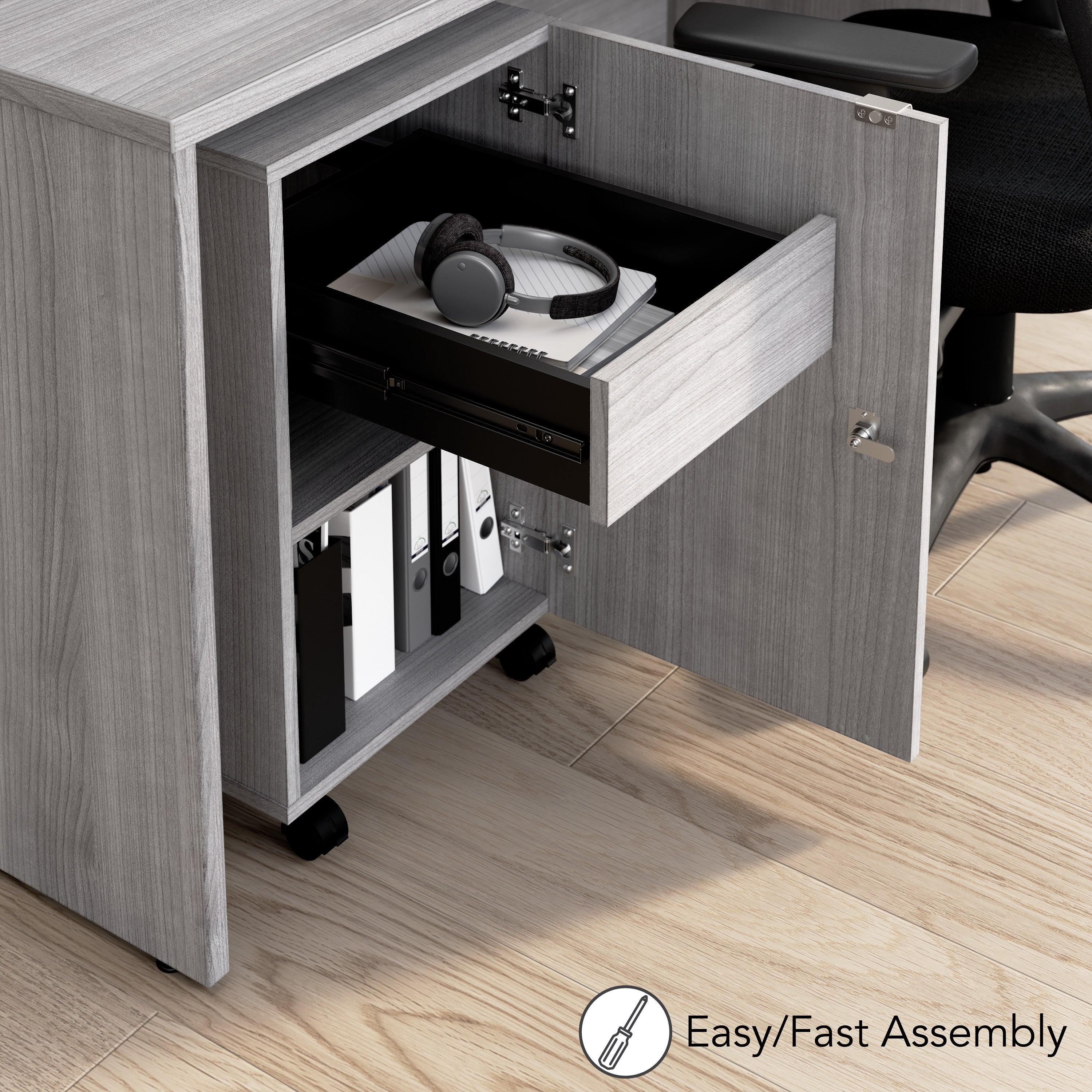 Bush Business Furniture Assure Mobile File Cabinet with Drawer, Door, and Keypad Lock in Platinum Gray - 15.65" Width x 20.24" Depth x 25.91" Height