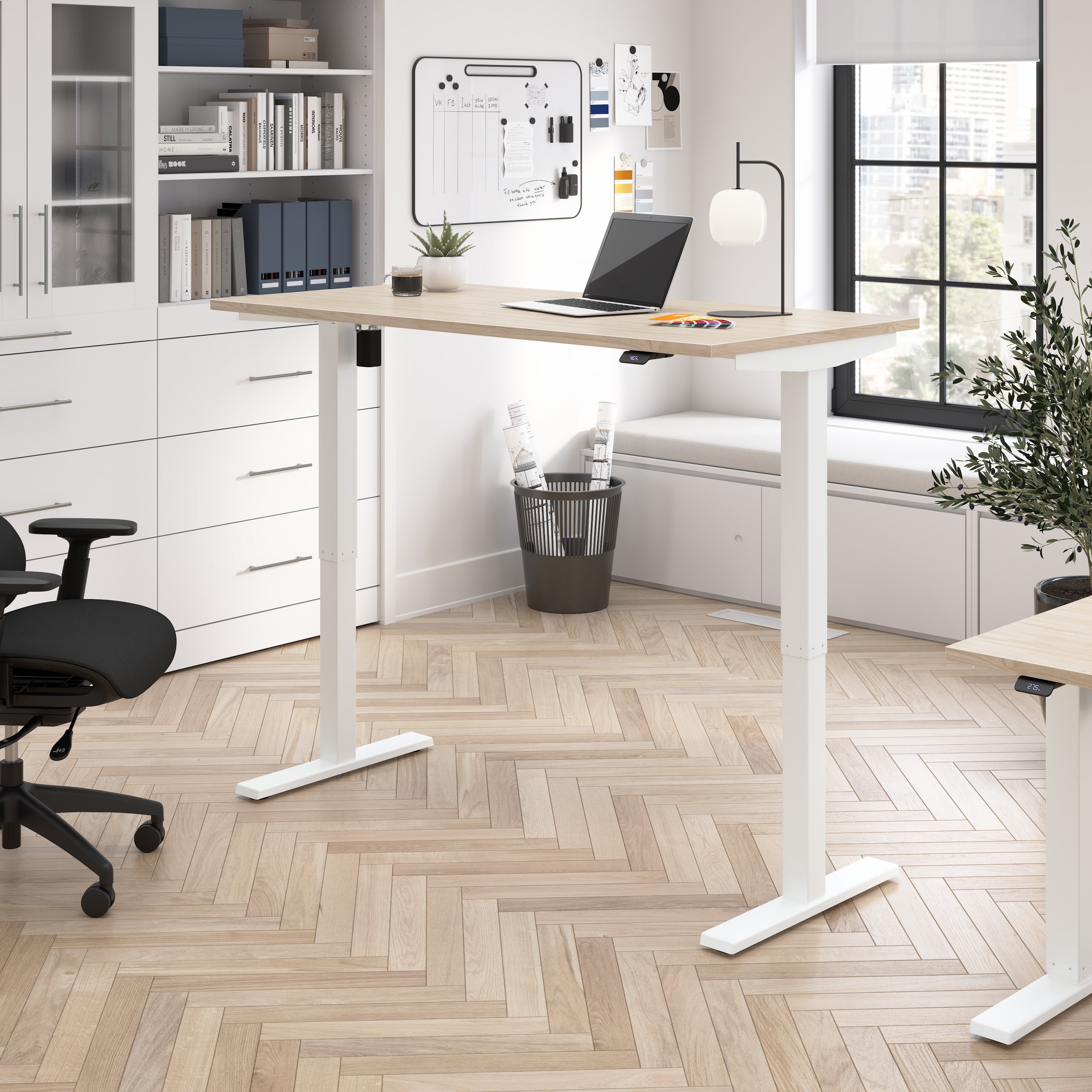 Bush Business Furniture Move 40 Series 60W x 30D Electric Height Adjustable Standing Desk in Natural Elm with White Base - 59.45" Width x 29.37" Depth x 28.17" Height