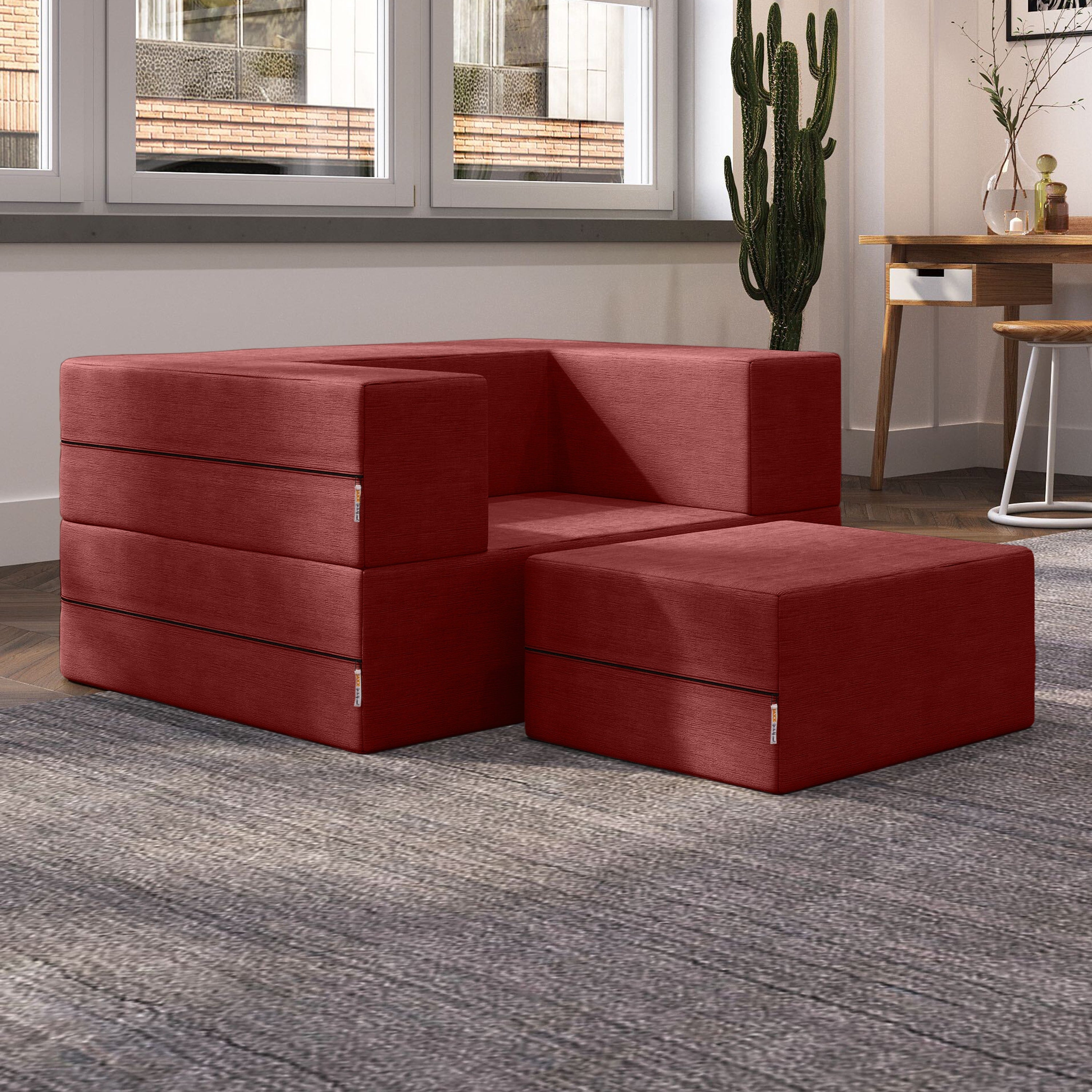 Jaxx Zipline Convertible Sleeper Futon Chair & Ottoman with Machine-Washable Cover, Berry Red