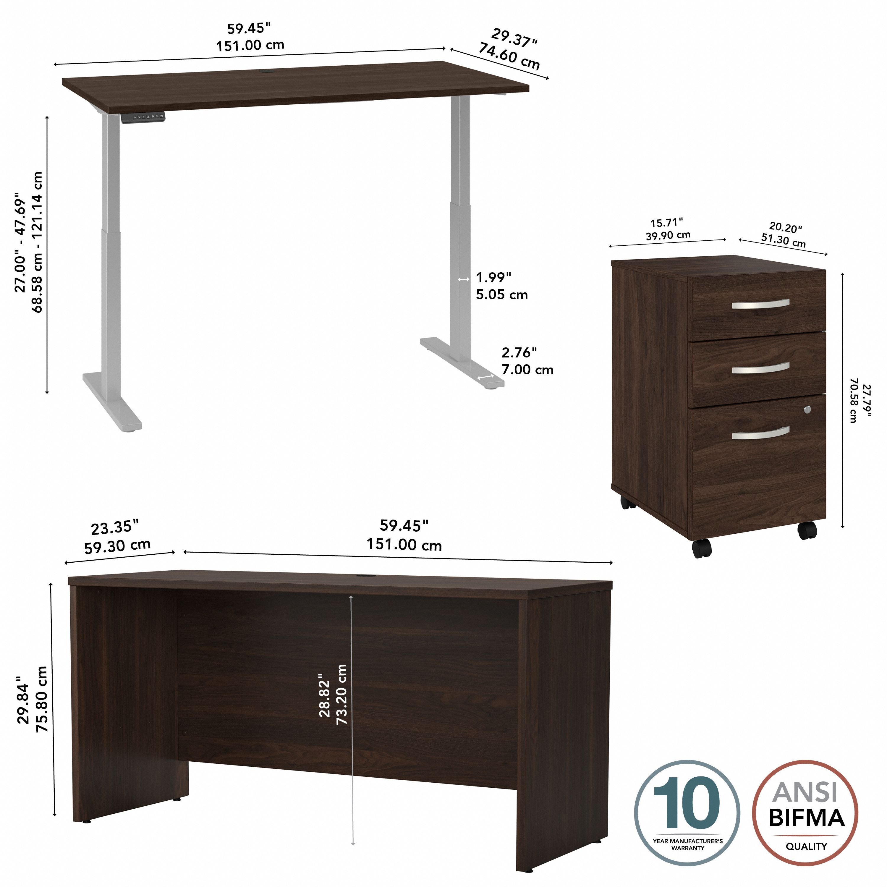 Bush Business Furniture Studio C 60W Height Adjustable Standing Desk with Credenza and File Cabinet in Black Walnut - 59.45" Width x 82.8" Depth x 47.69" Height