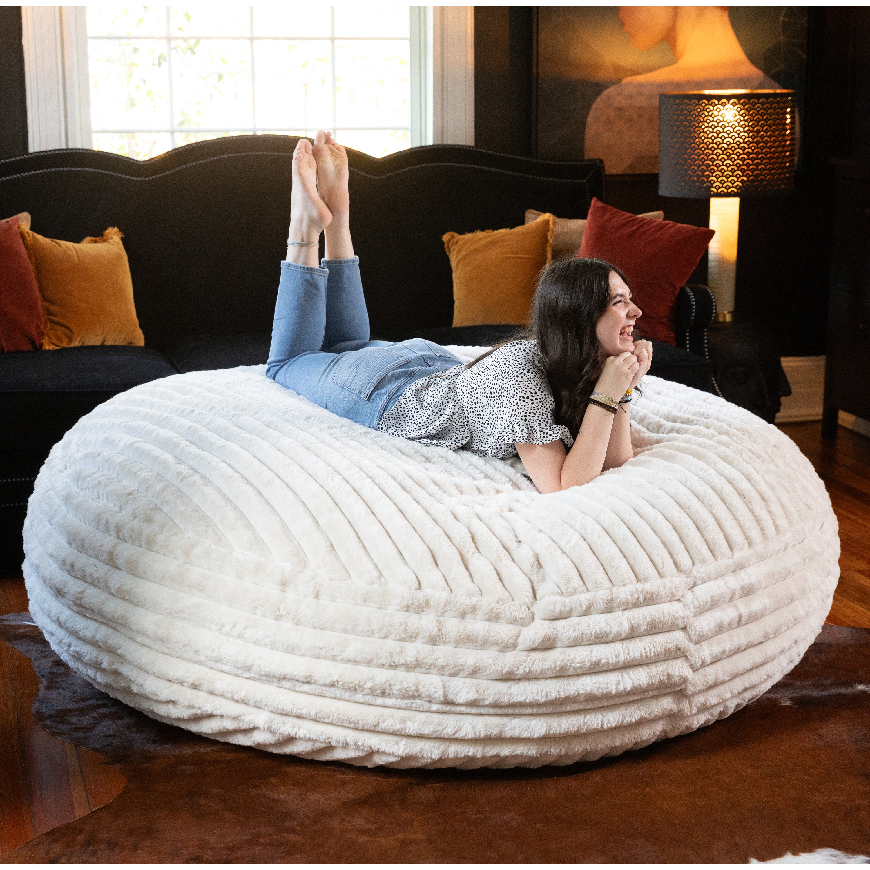 Jaxx 6 Foot Cocoon - 2-in-1 Convertible Bean Bag Bed & Large Bean Bag Chair for Adults, Premium Luxe Faux Fur - Mondo Ivory
