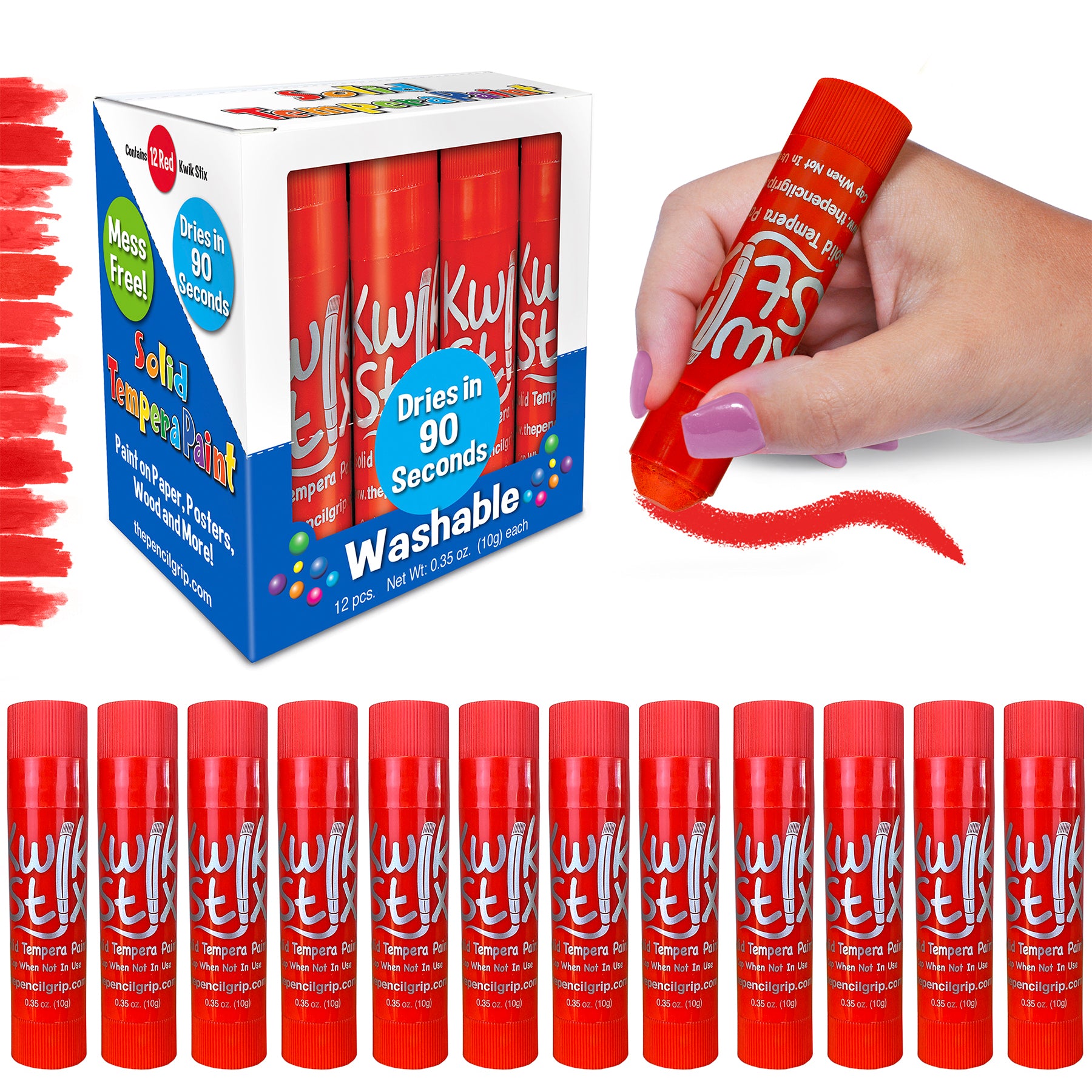 Solid Tempera Paint Sticks, Single Color Pack, Red, 12 Per Box, 12 Boxes
