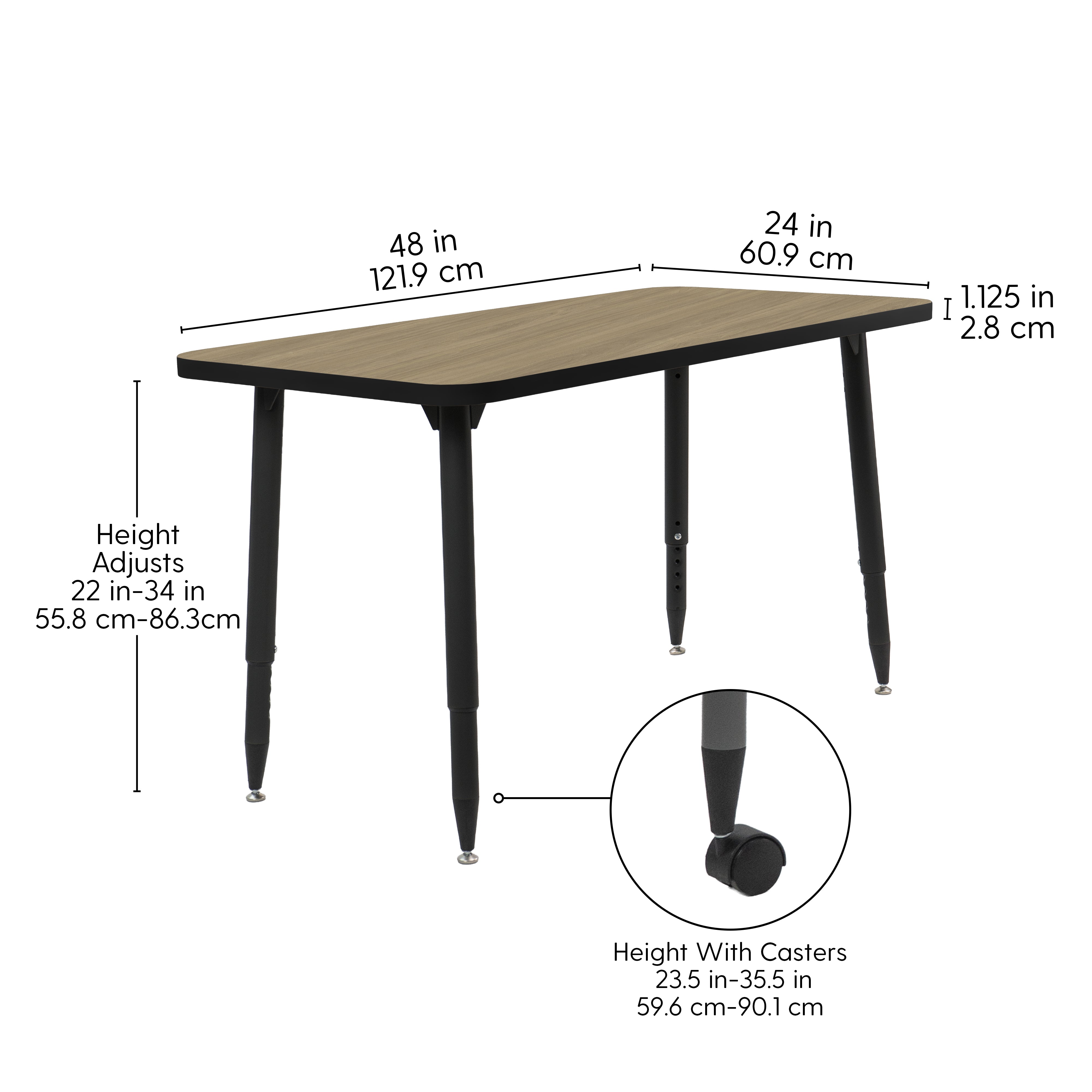 Adapte 24" x 48" Rectangle Thermofused Activity Table with Adjustable Tapered Legs - Pasadena Oak/Black
