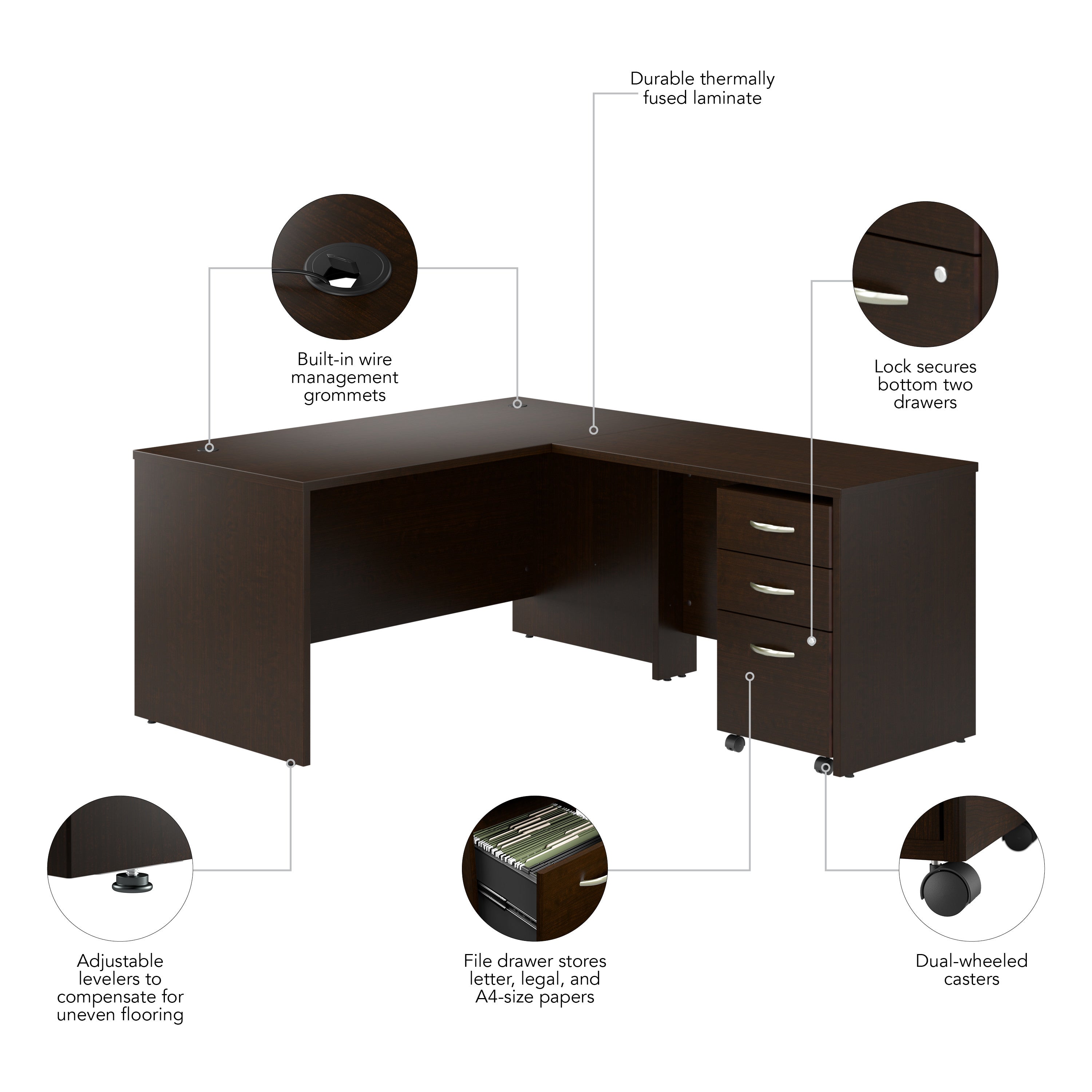 Bush Business Furniture Series C 60W L Shaped Desk with 42W Return and Mobile File Cabinet in Mocha Cherry - 59.45" Width x 71.02" Depth x 29.84" Height