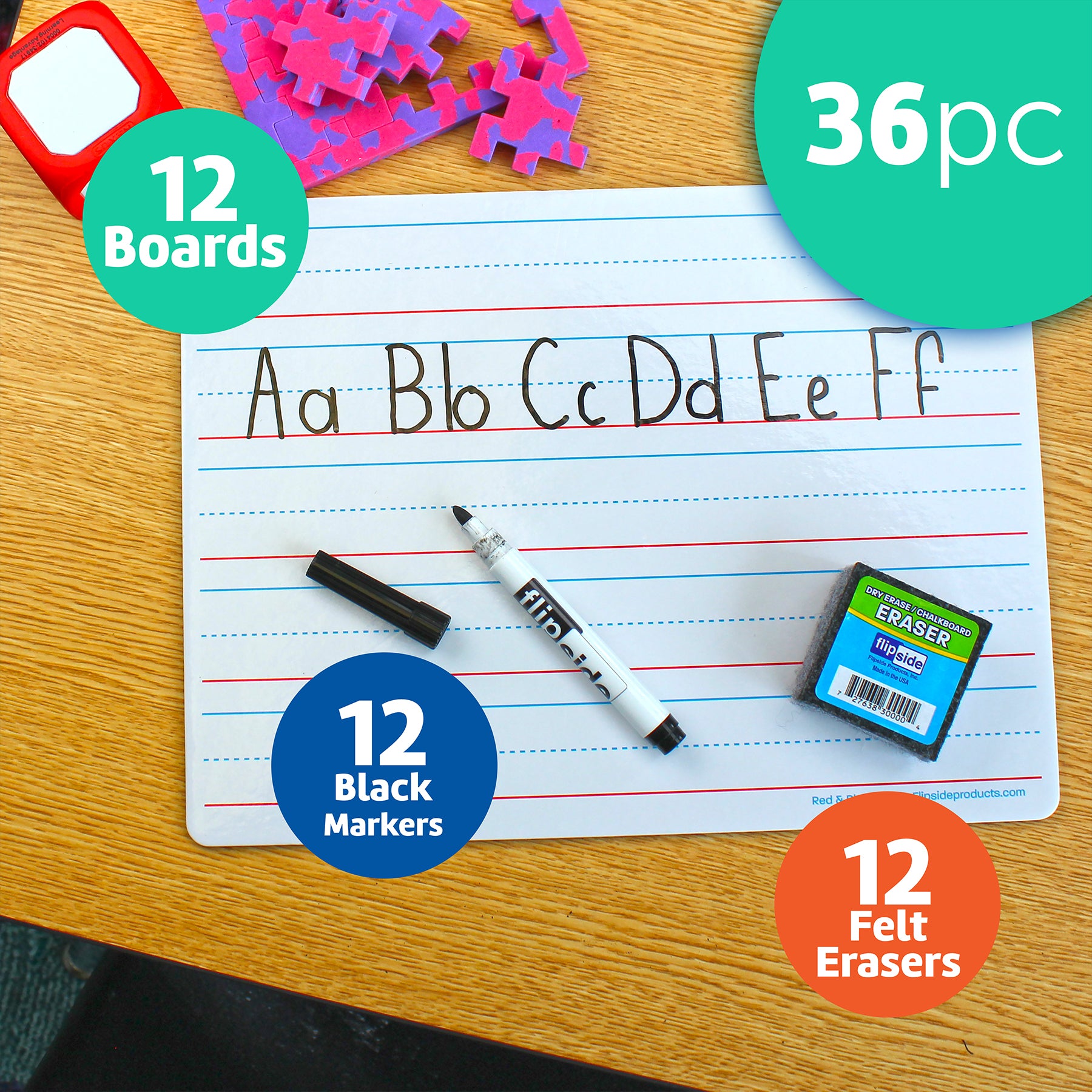 Red & Blue Ruled/Dry Erase Dual Sided Board + Pen + Student Eraser Set, 12 Sets