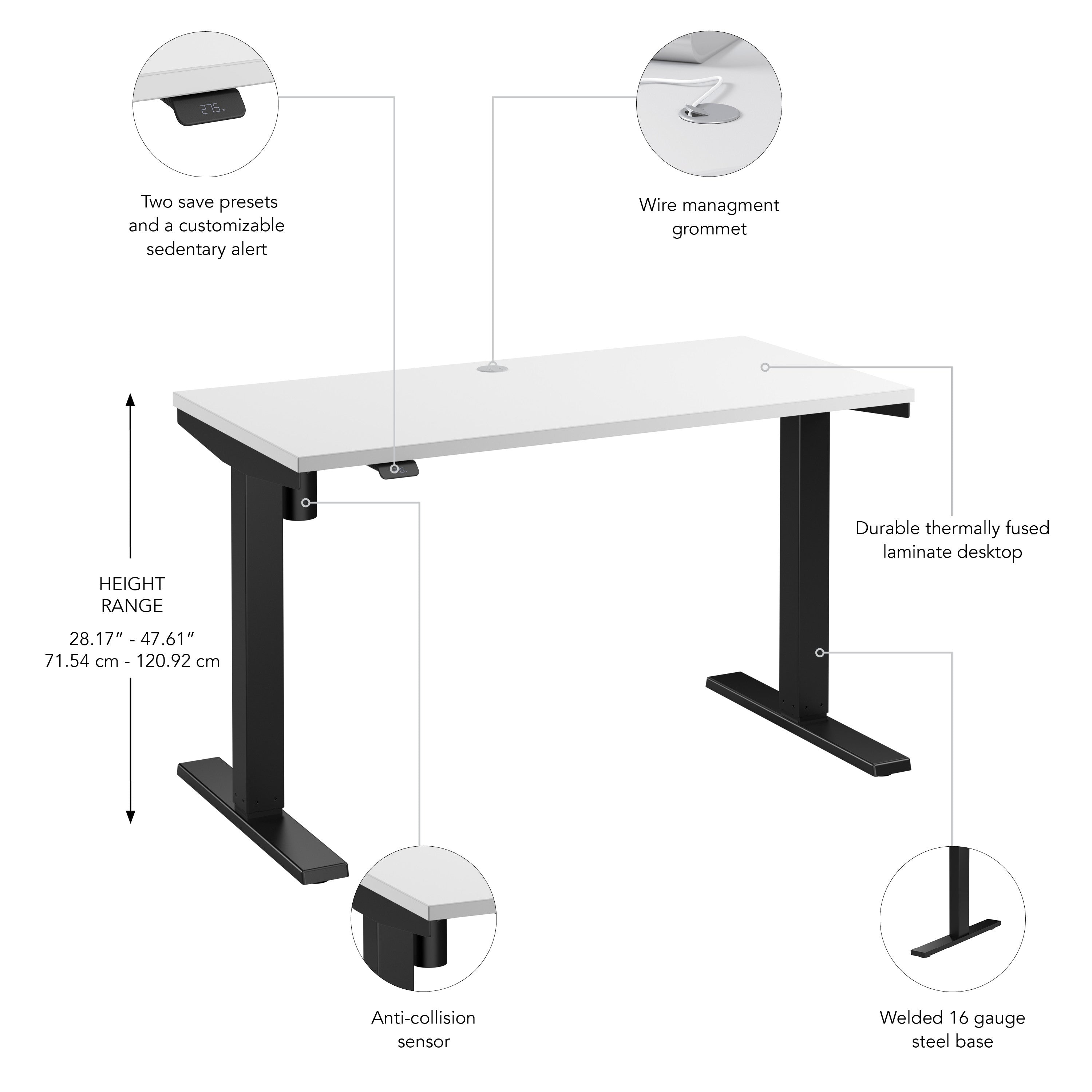Bush Business Furniture Move 40 Series 48W x 24D Electric Height Adjustable Standing Desk in White with Black Base - 47.6" Width x 23.35" Depth x 28.17" Height