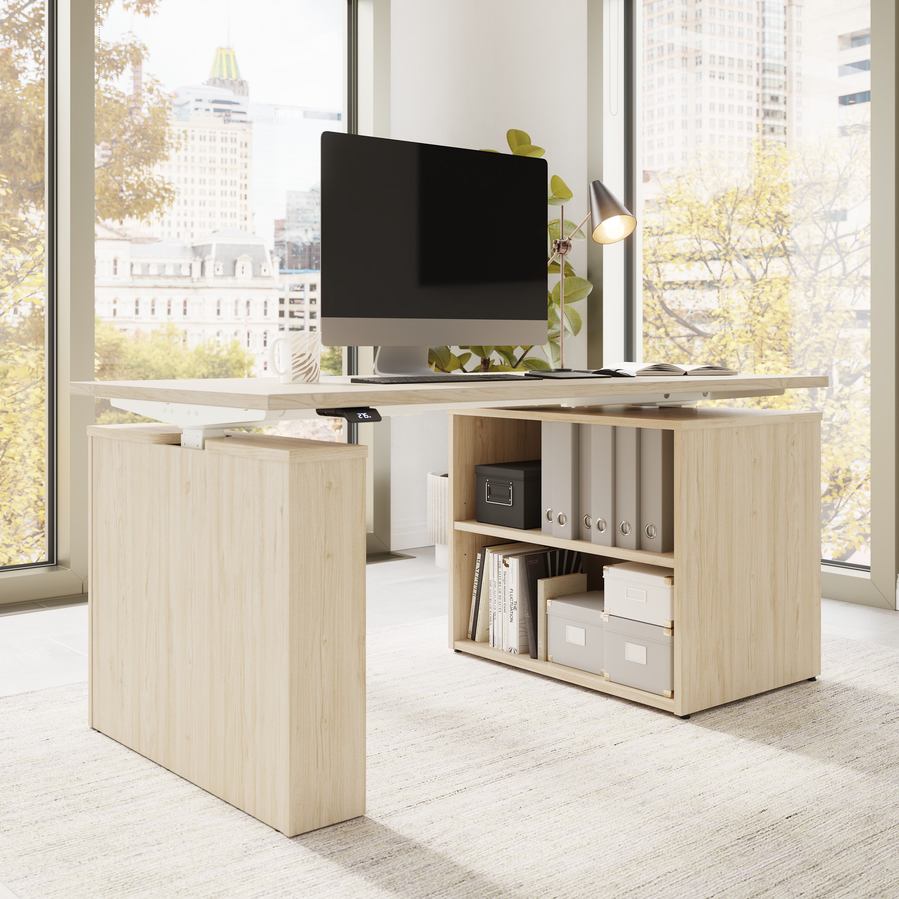 Bush Business Furniture Stratus&nbsp;60W x&nbsp;30D Electric Height Adjustable Standing Desk with Bookcase in Natural Elm with White Base - 59.45" Width x 29.37" Depth x 27.44" Height
