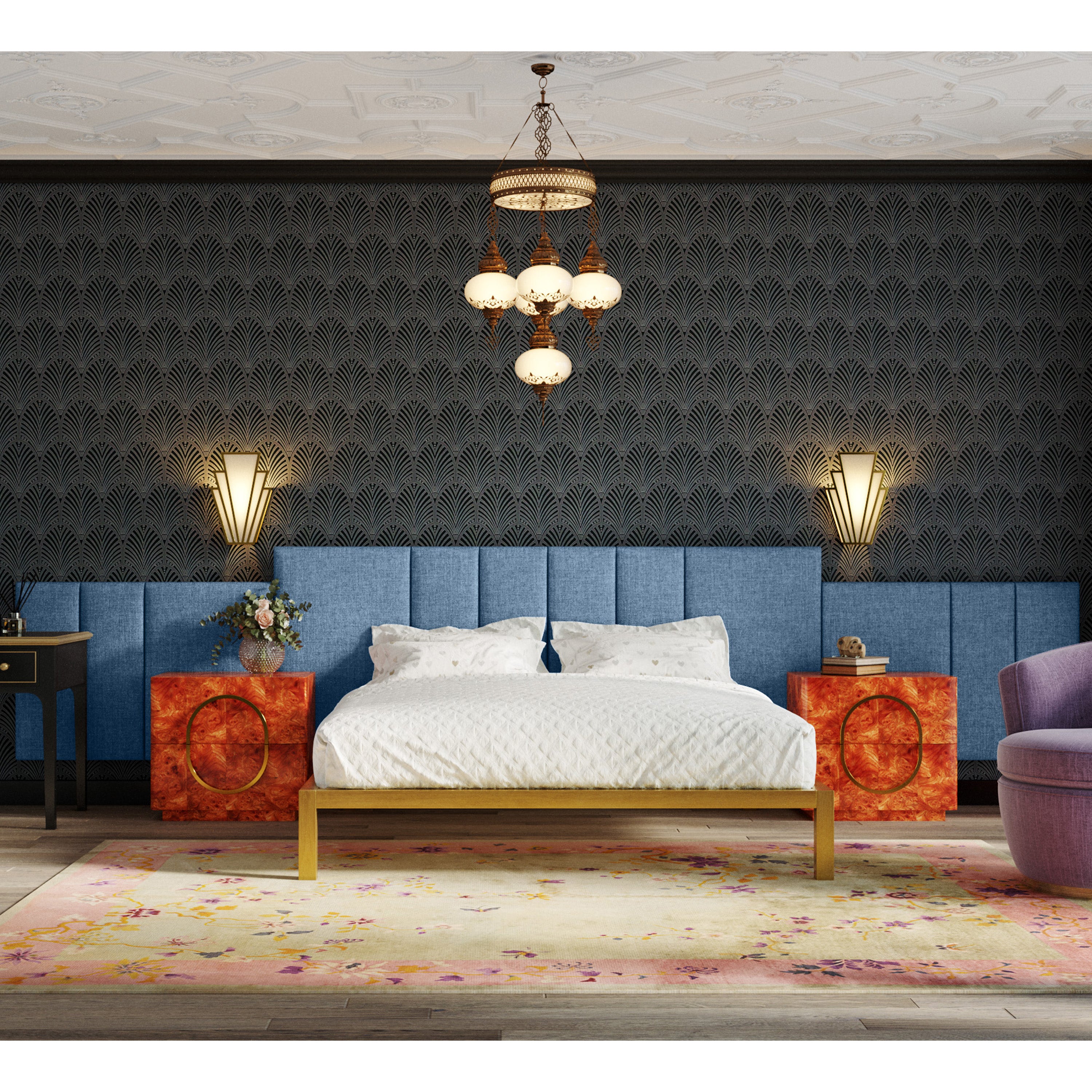 Jaxx Panelist Modern Padded Headboard- Set of 2 Wall Mounted Panels (Each 22.5" x 30")- Queen Double Tall, Microvelvet Petrol Blue