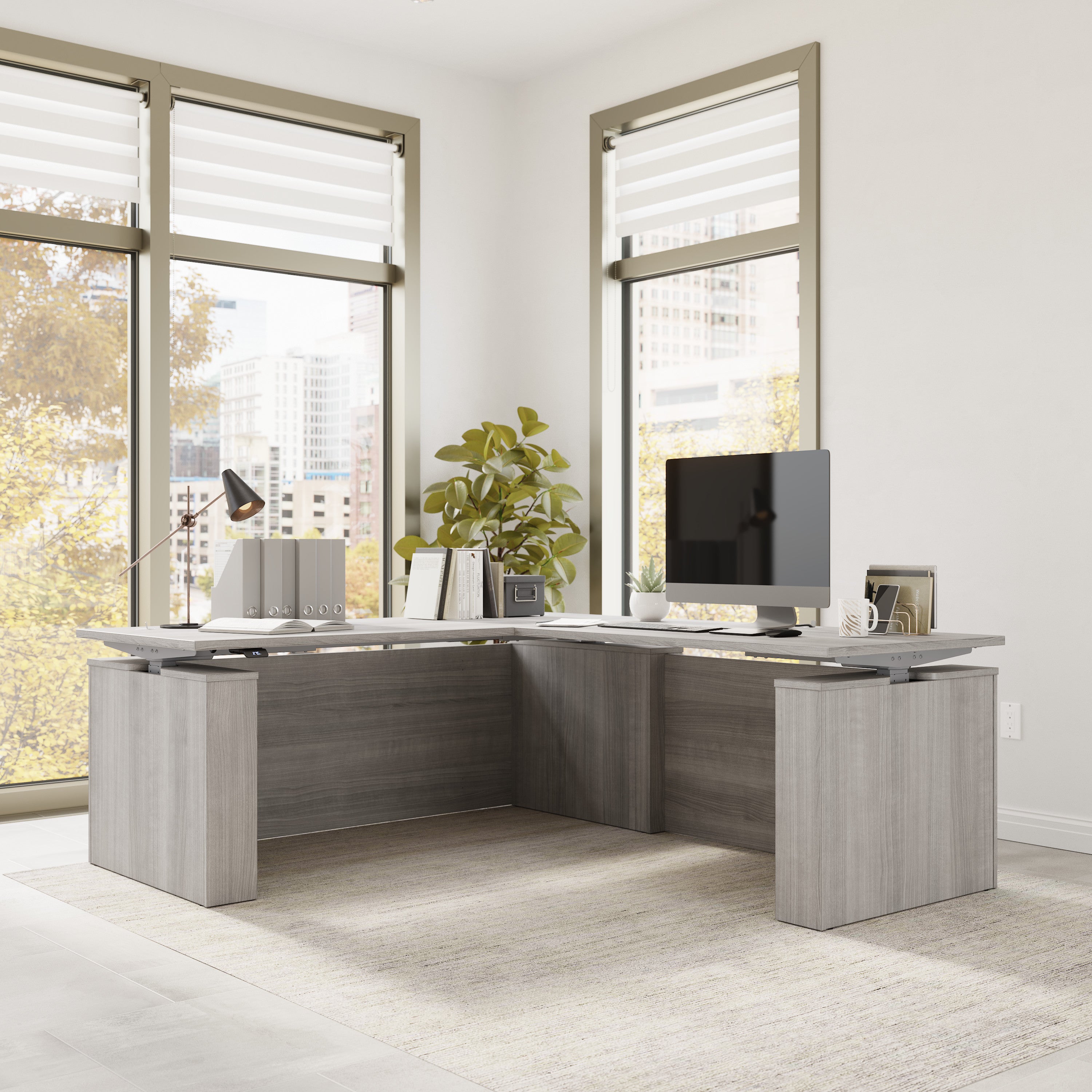Bush Business Furniture Stratus&nbsp;72W x&nbsp;78D Electric Height Adjustable L Shaped Standing Desk in Platinum Gray with Metallic Gray Base - 71.02" Width x 76.97" Depth x 27.44" Height