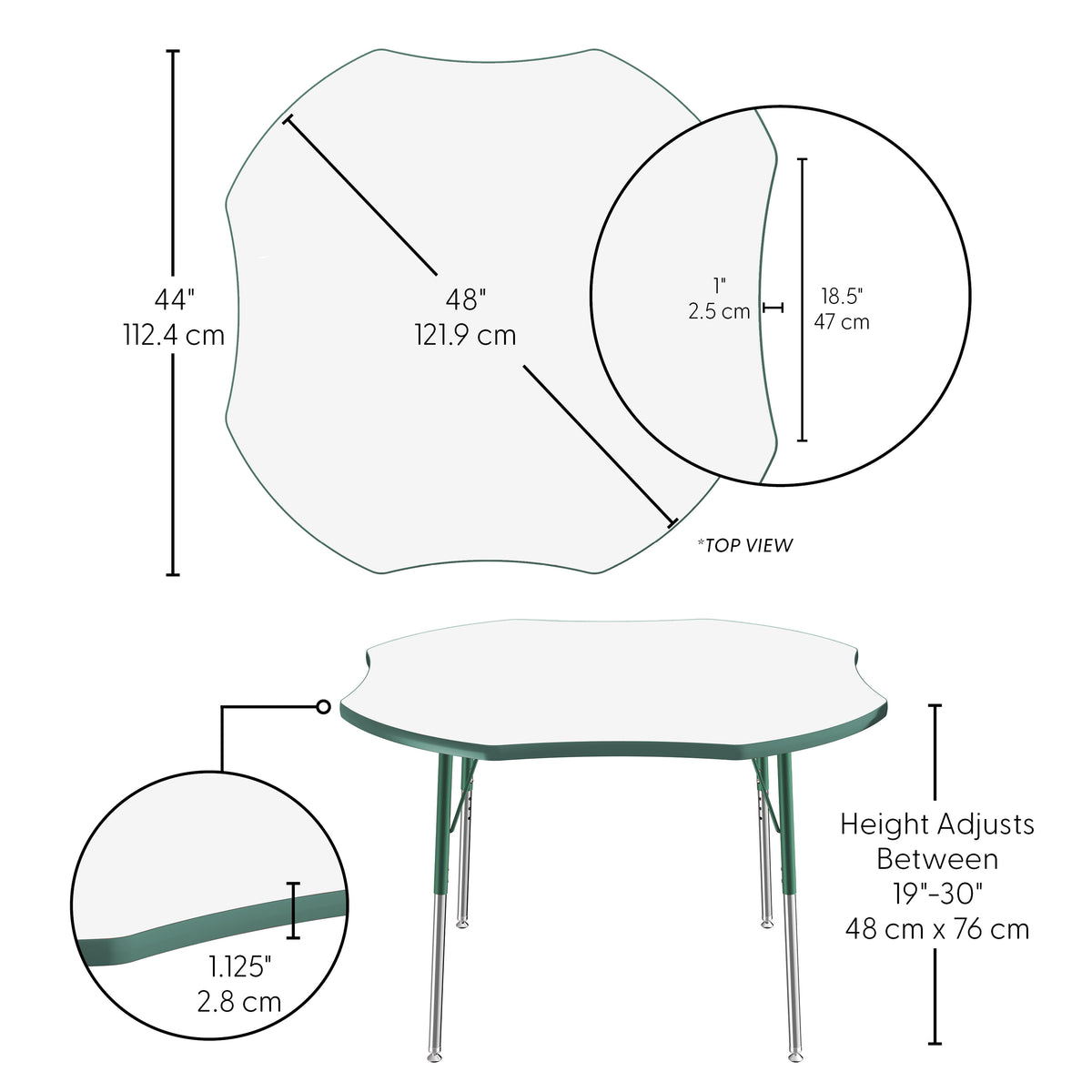 48" x 48" Clover Dry-Erase Activity Table with Adjustable Standard Swivel Glide Legs - Whiteboard/Green