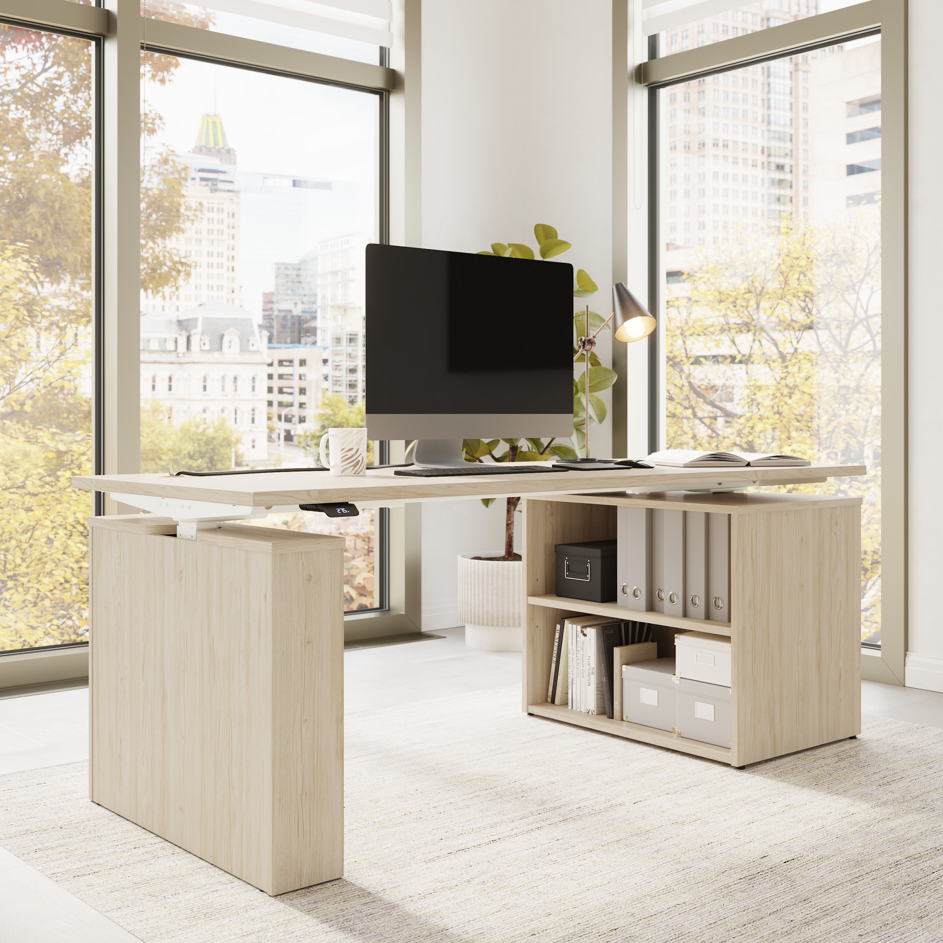 Bush Business Furniture Stratus&nbsp;72W x&nbsp;30D Electric Height Adjustable Standing Desk with Bookcase in Natural Elm with White Base - 71.02" Width x 29.37" Depth x 27.44" Height