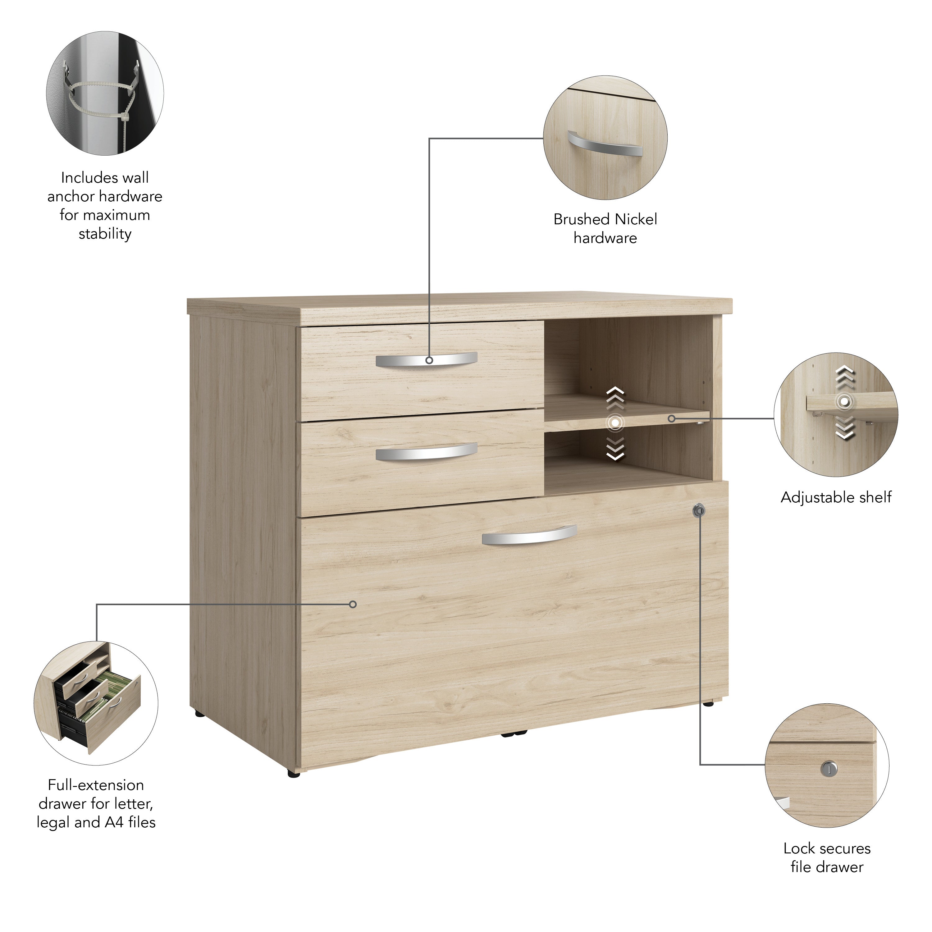 Bush Business Furniture Studio C Office Storage Cabinet with Drawers and Shelves in Natural Elm - 29.72" Width x 16.93" Depth x 25.98" Height
