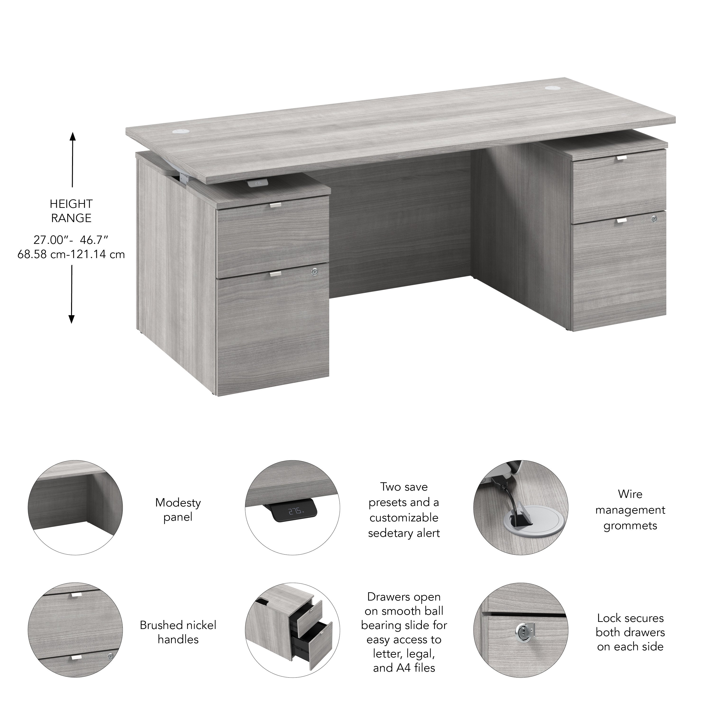 Bush Business Furniture Stratus&nbsp;72W x&nbsp;30D Electric Standing Desk with Drawers and Modesty Panel in Platinum Gray with Metallic Gray Base - 71.02" Width x 29.37" Depth x 27.44" Height