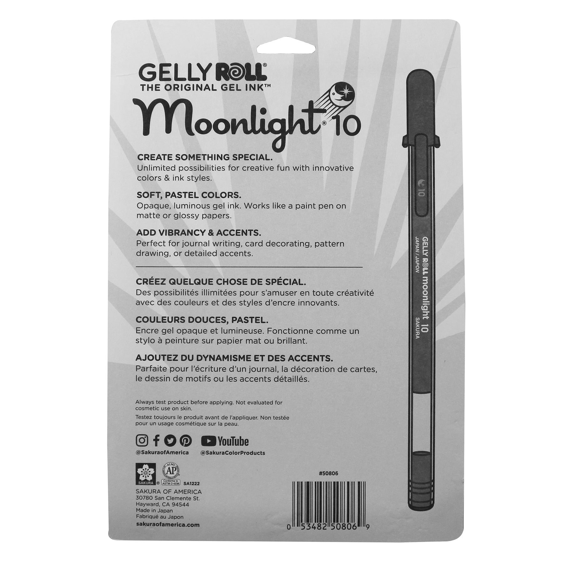 Moonlight Gel Pens, 10 Bold Point, Assorted Pastel Colors, 10-Piece Set, Blister Pack