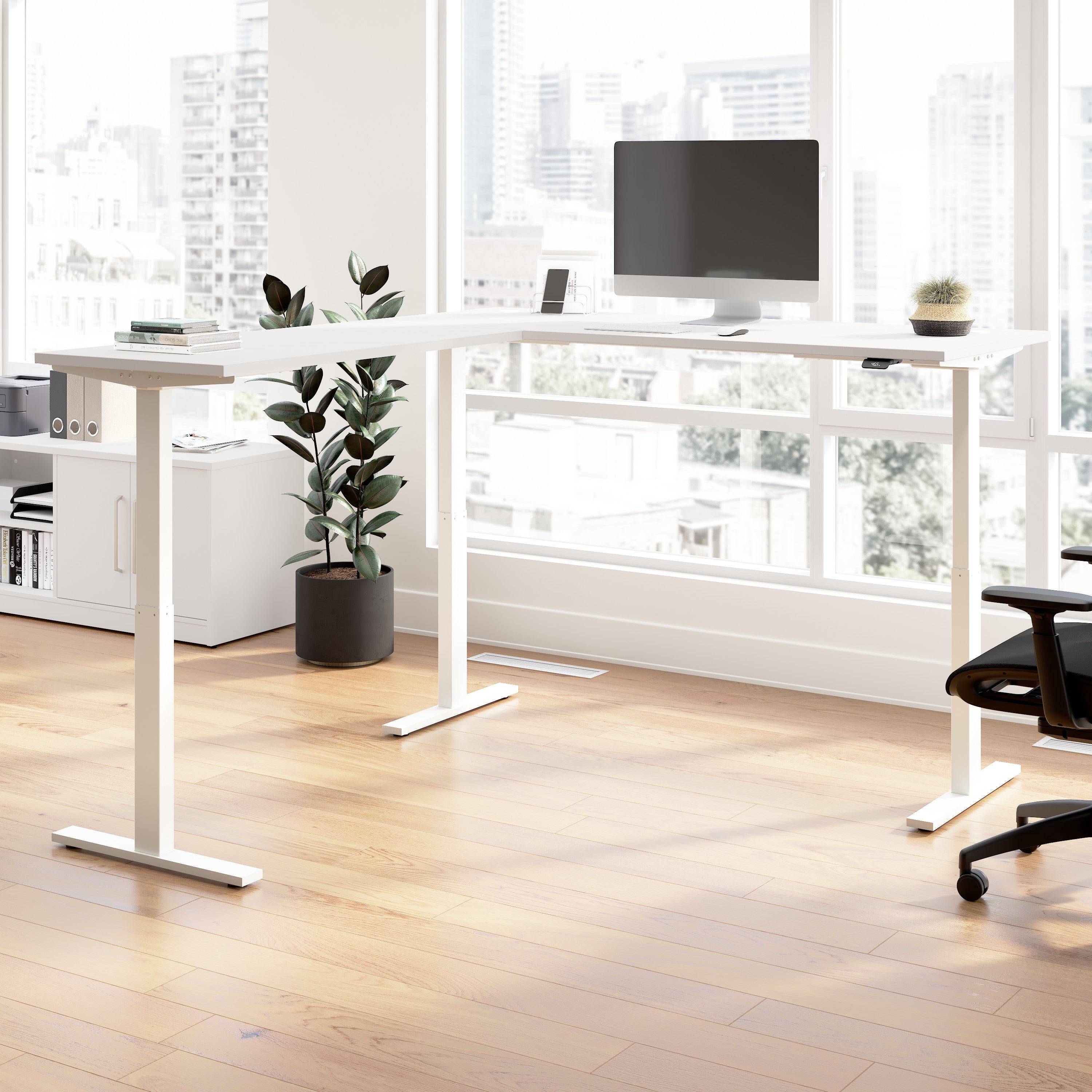 Bush Business Furniture Move 60 Series 72W Height Adjustable L Shaped Standing Desk in White with White Base - 71.02" Width x 76.97" Depth x 27.44" Height
