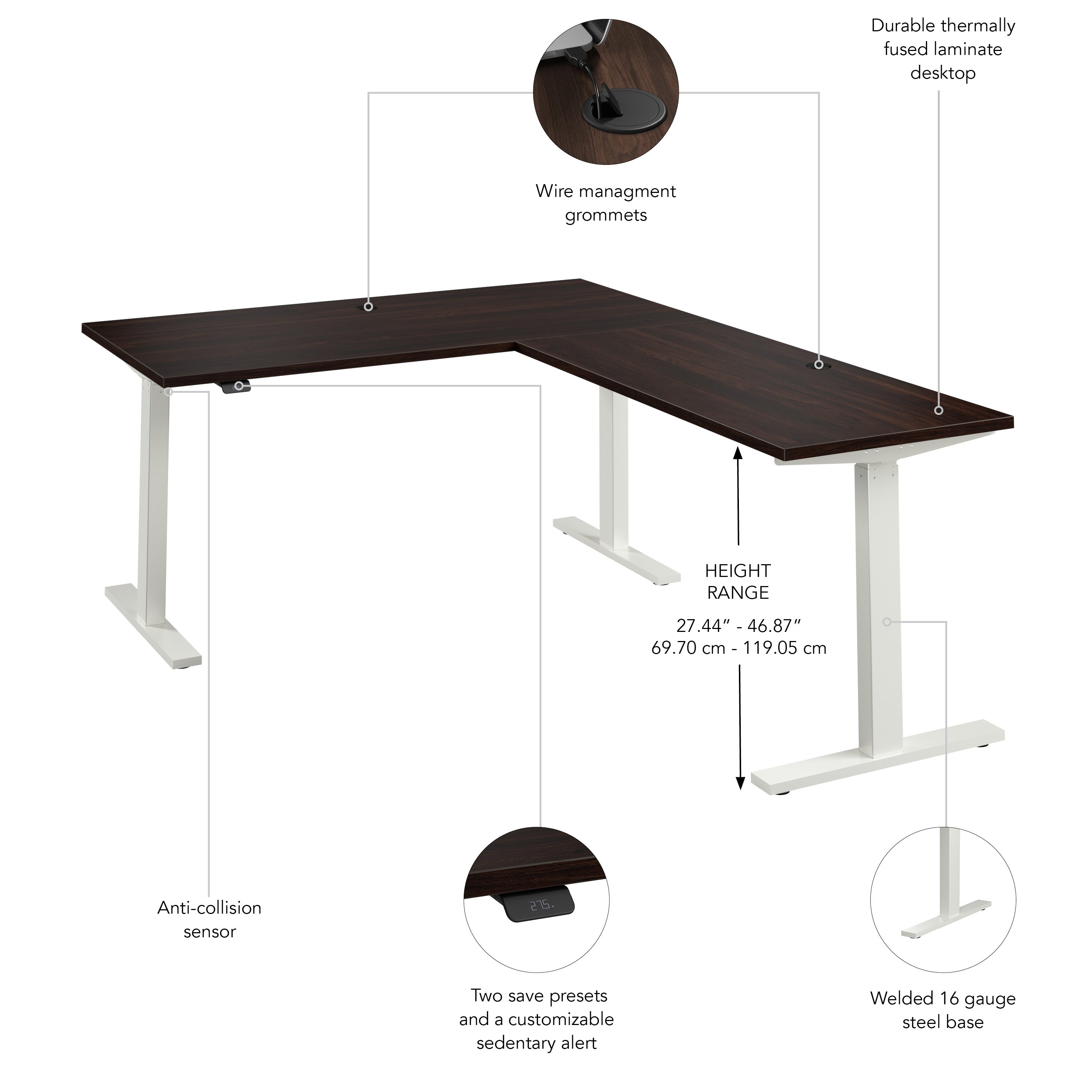 Bush Business Furniture Move 60 Series 60W Height Adjustable L Shaped Standing Desk in Black Walnut with White Base - 59.45" Width x 76.97" Depth x 27.44" Height