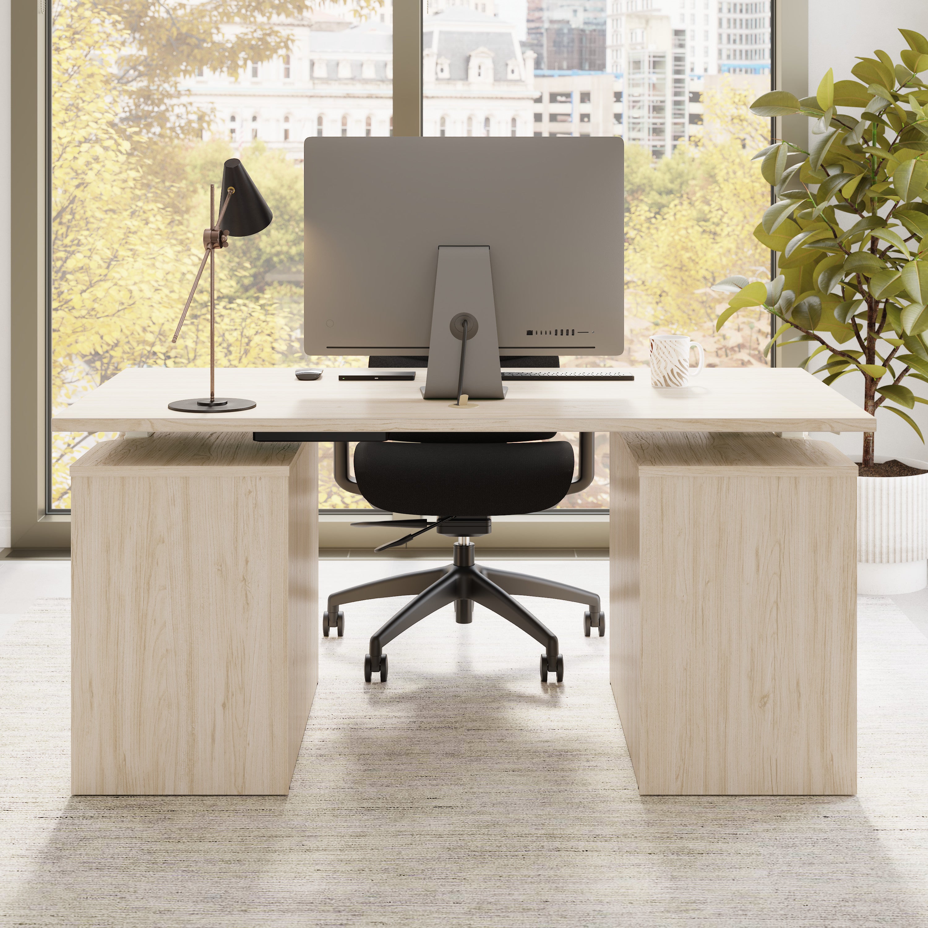 Bush Business Furniture Stratus&nbsp;60W x&nbsp;30D Electric Height Adjustable Standing Desk with Drawers in Natural Elm with White Base - 59.45" Width x 29.37" Depth x 27.44" Height